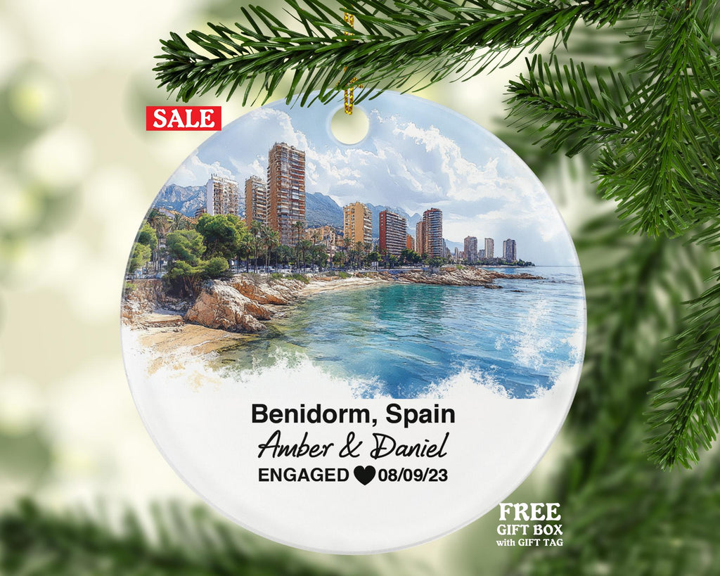 Benidorm Spain Round Ceramic Christmas Ornament – Personalized Holiday Keepsake, Custom Couple Gift for Wedding or Honeymoon