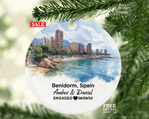 Benidorm Spain Round Ceramic Christmas Ornament – Personalized Holiday Keepsake, Custom Couple Gift for Wedding or Honeymoon