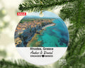 Rhodes Greece Round Ceramic Christmas Ornament – Personalized Aegean Sea View Keepsake, Custom Couple Gift for Wedding or Honeymoon
