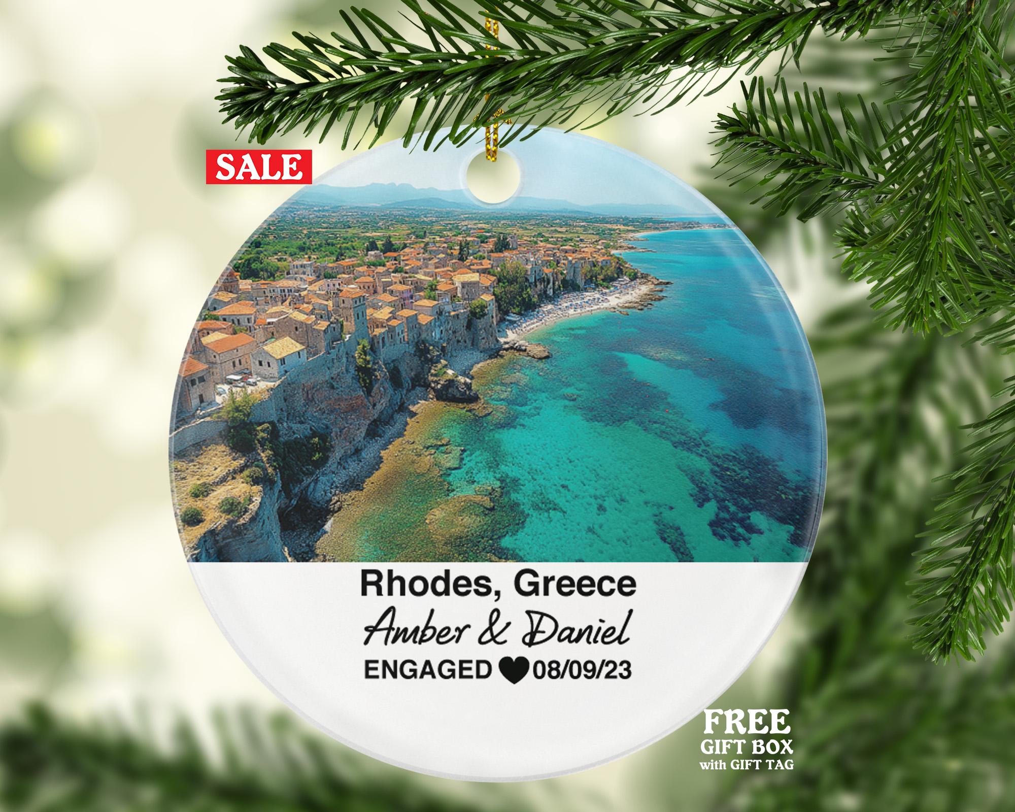 Rhodes Greece Round Ceramic Christmas Ornament – Personalized Aegean Sea View Keepsake, Custom Couple Gift for Wedding or Honeymoon