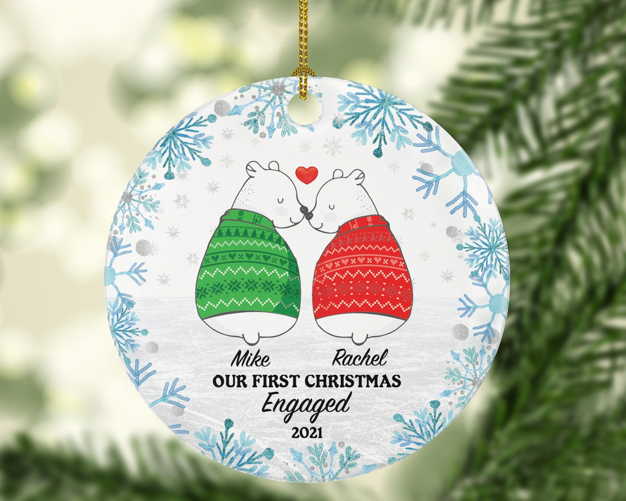 First Christmas Engaged Custom Ornament - Personalized Engagement Announcement Bear Couple Gift - Custom Date Name - Future Husband Wife