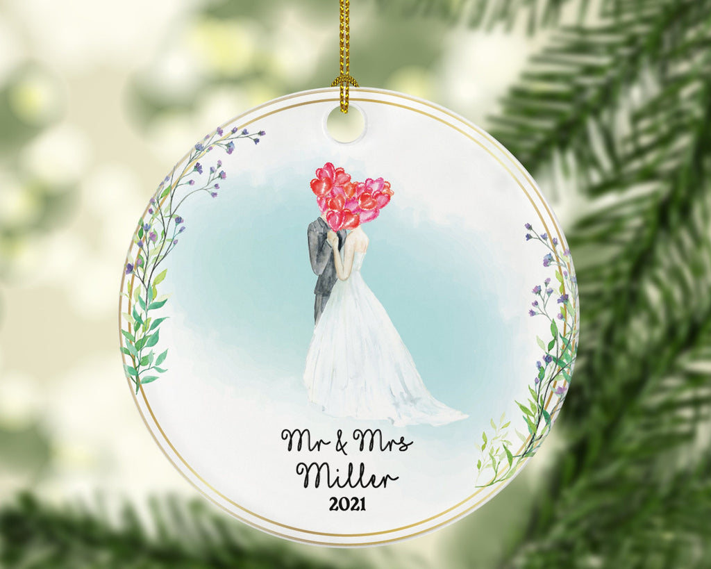 Mr & Mrs Couple Personalized Ornament with Wedding Gown - Just Married Newlywed Custom First Christmas as Mr. and Mrs. Marriage Bride Groom