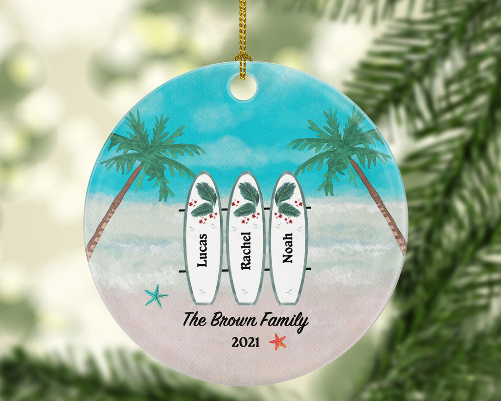 Surfboard Family Personalized Christmas Ornament - Family of 3 4 5 6 Surf board Three Four Five Six Custom Name Palm Tree Beach Sea