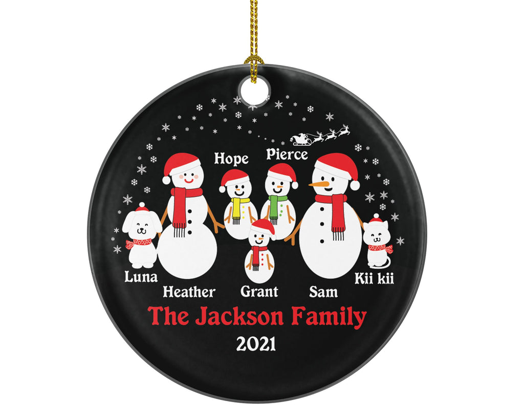 Family of 5 Personalized Ornament with Cat Dog Pet, 5 Snowmen Personalized Christmas ornament, Snowman family ornament, Big Family Christmas