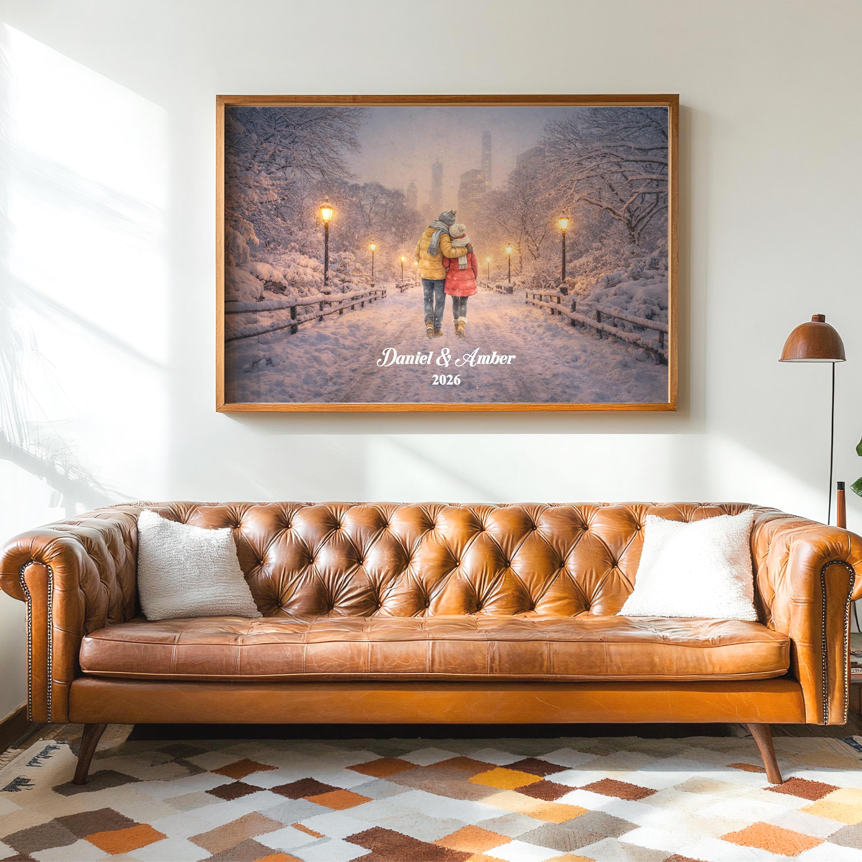 New York City Couple Custom Wall Art | Snowy NYC Scene for Engaged, Married, Mr & Mrs, Anniversary, Travel, Honeymoon | Aluminum Metal Print