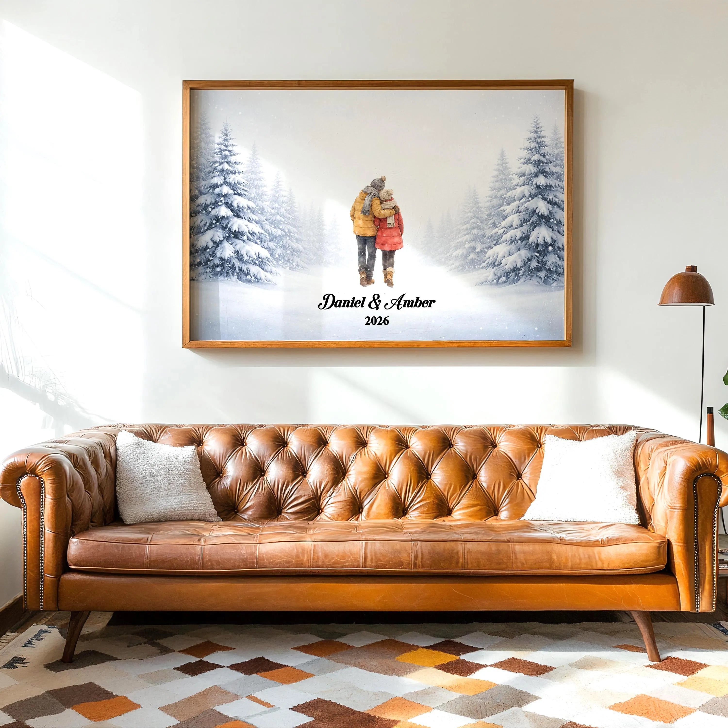 Personalized Couple in Snowy Scene Wall Art | Winter Landscape Print for Engaged, Married, Mr & Mrs, Anniversary | Aluminum Metal Print