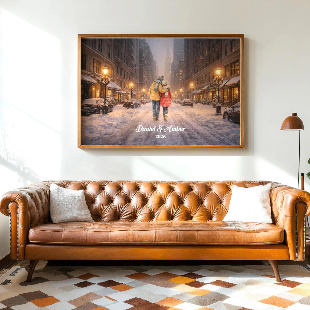 Custom New York City Couple Wall Art | Snowy NYC Scene for Engaged, Married, Mr & Mrs, Anniversary, Travel, Honeymoon | Aluminum Metal Print