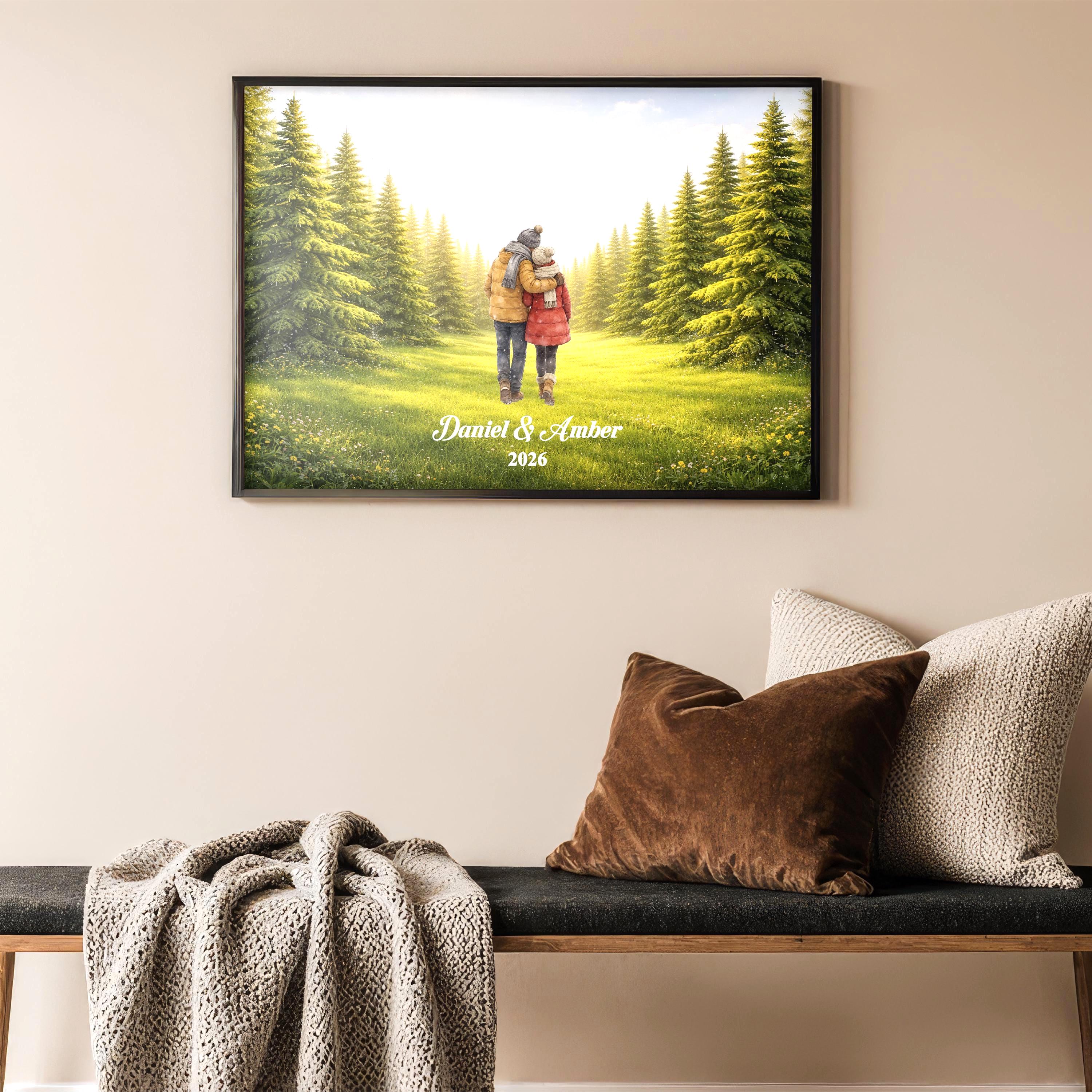 Custom Couple in Forest Wall Art | Green Nature Landscape Print for Engaged, Married, Mr & Mrs, Anniversary | Aluminum Metal Print