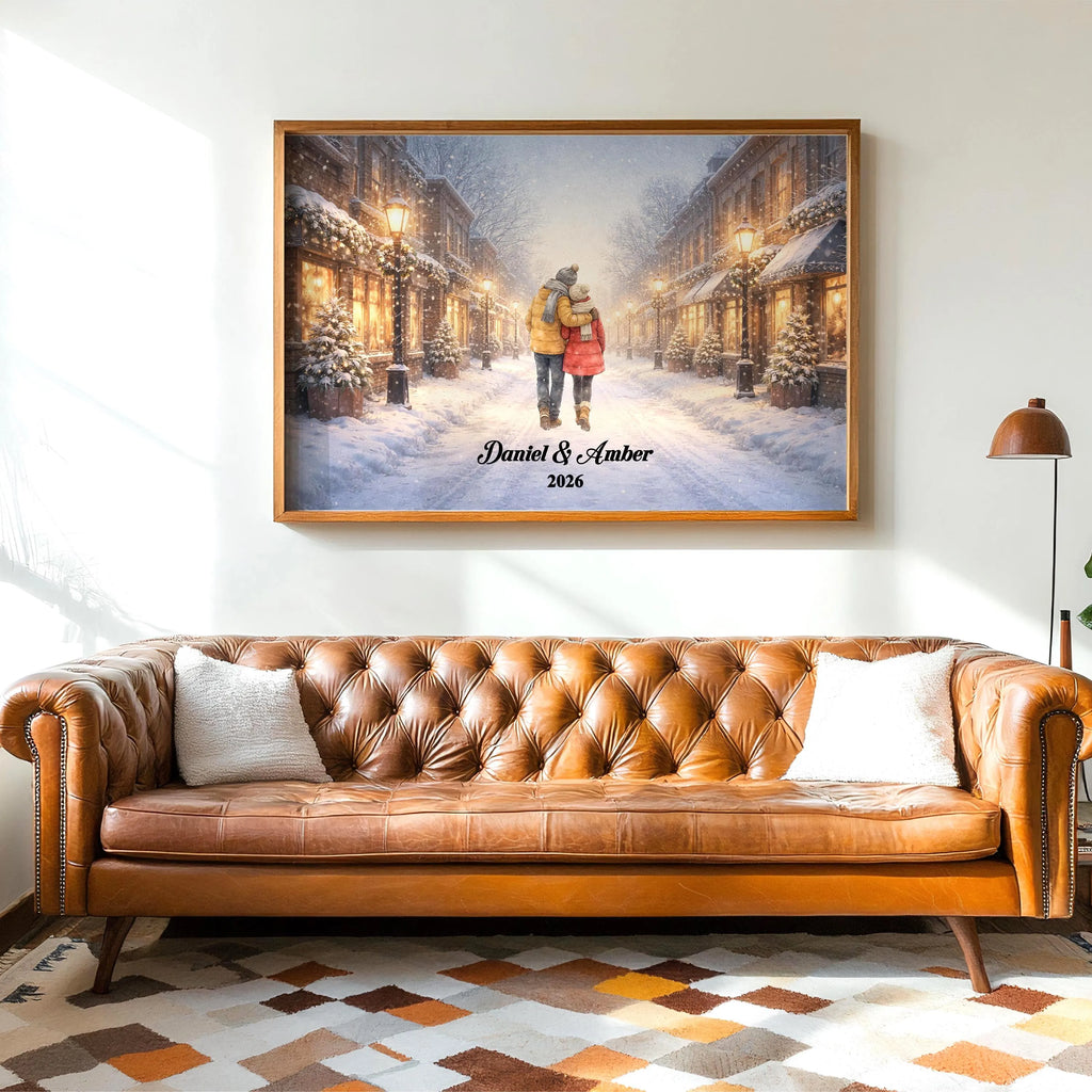 Custom Couple in Snowy City Wall Art | Winter Wall Art for Engaged, Married, Mr & Mrs, Anniversary | Aluminum Metal Print
