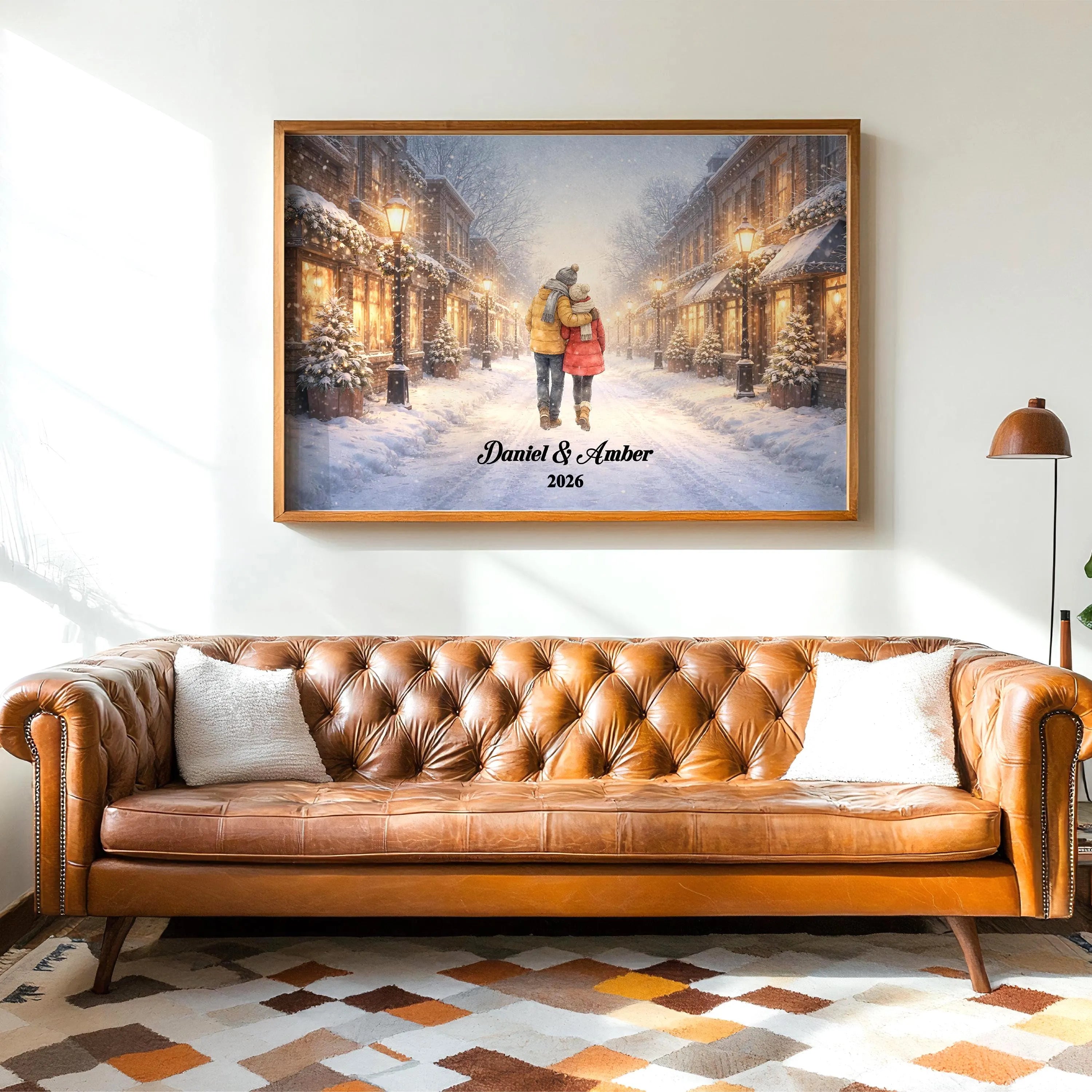 Custom Couple in Snowy City Wall Art | Winter Wall Art for Engaged, Married, Mr & Mrs, Anniversary | Aluminum Metal Print