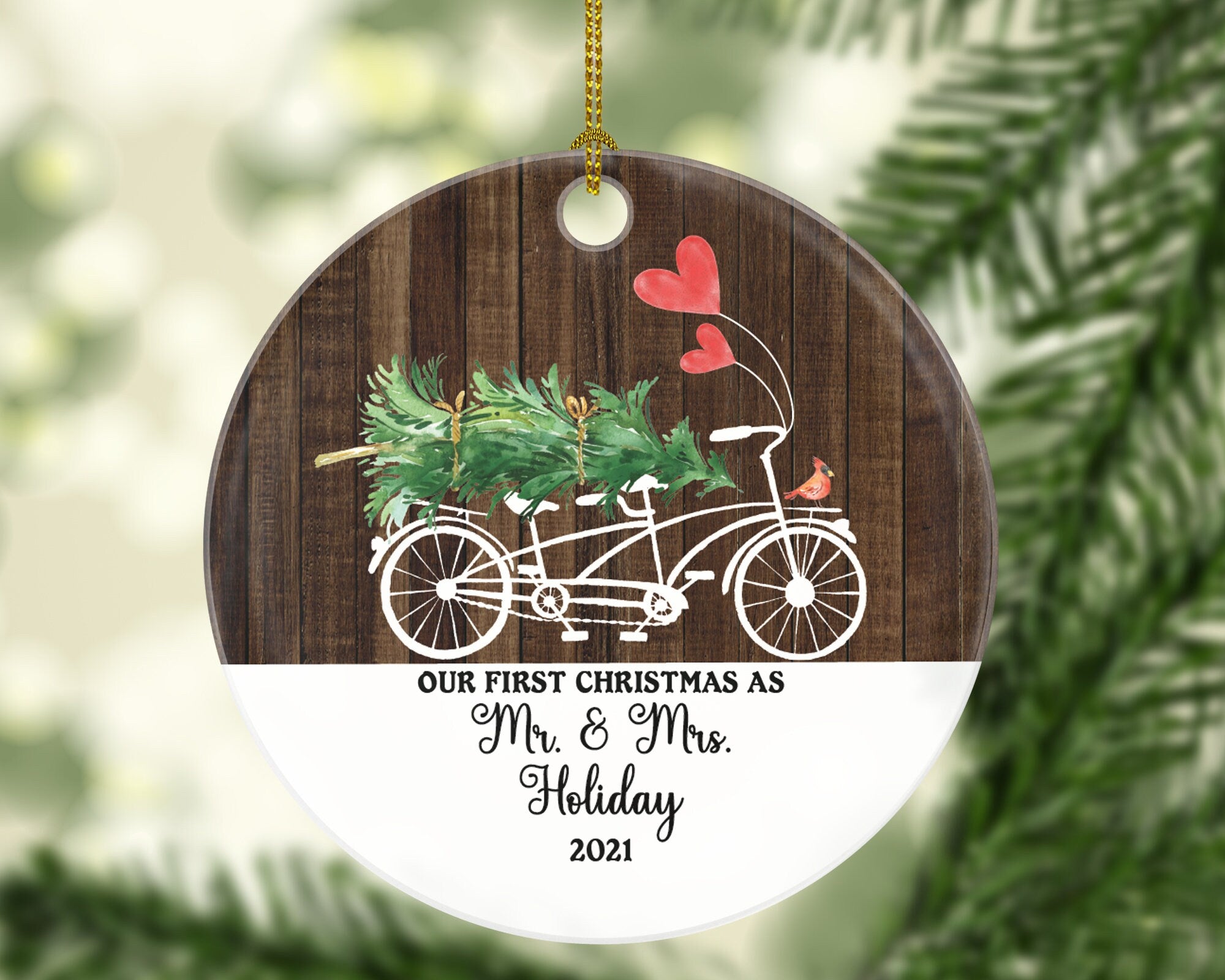 Personalized Mr & Mrs Christmas Ornament - Tandem Bicycle Couples Wedding Newlywed Gift Just Married Newly Wed Custom Bride Groom Wood Color