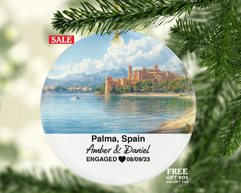 Palma Spain Round Ceramic Christmas Ornament – Personalized Holiday Keepsake, Custom Couple Gift for Wedding or Honeymoon