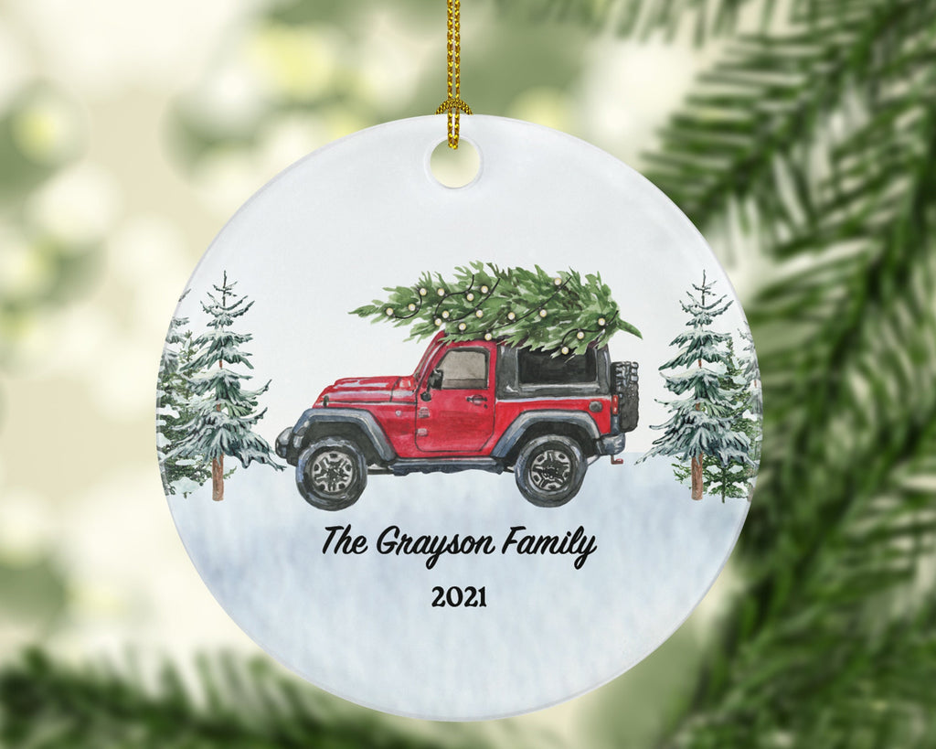 SUV Car Truck Ornament - Family Road Trip Red Jeep Personalized Ornament With Tree Car Custom Name and Date Holiday