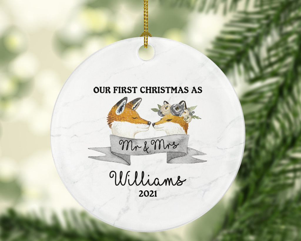 Our First Christmas as Mr & Mrs Married Couple Christmas Ornament Personalized - Fox Couple Newlywed Christmas First Custom Gift