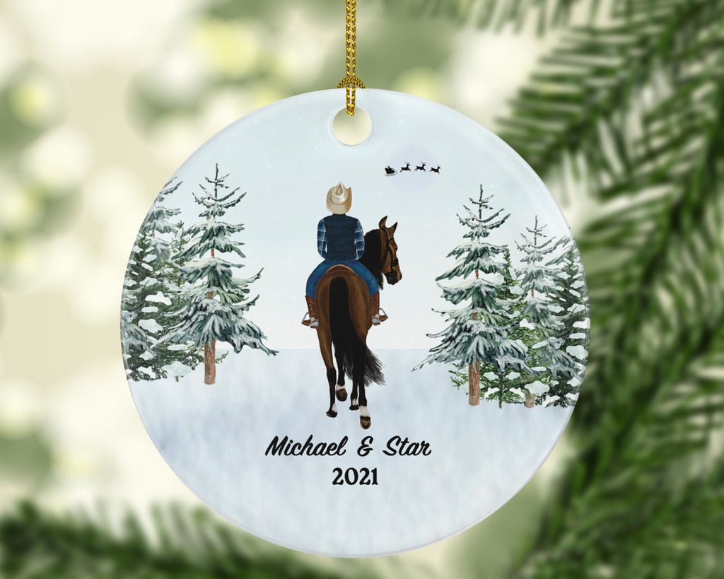 Riding a Horse Rider Christmas Ornament Personalized | Custom Names Horse Lover Gift Boy Male on a Horse