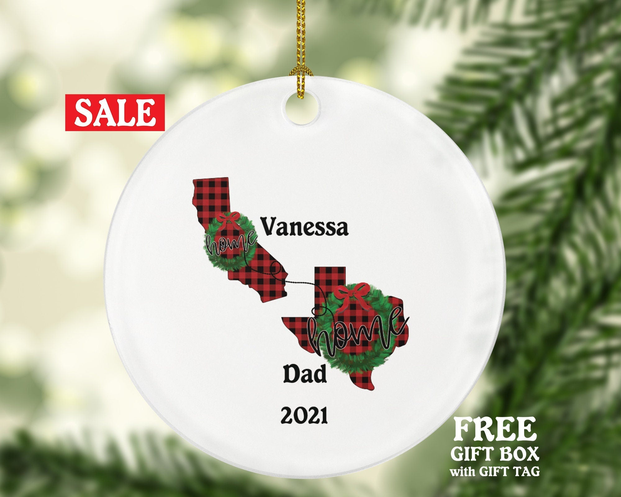Long Distance Miles Apart Christmas Ornament Personalized, Family, Cousins, Mom, Dad, Grandparents, Sister, Relationship, Any State in USA