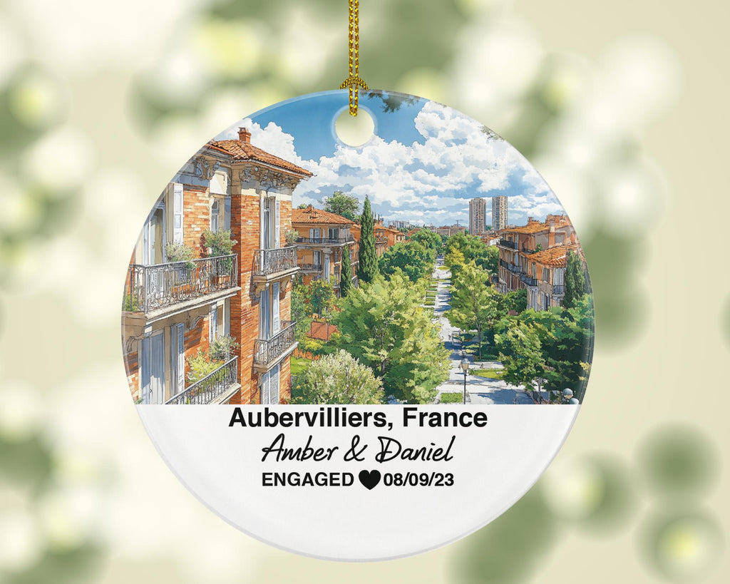 Personalized Aubervilliers France Christmas Ornament, Canal Saint-Denis, Mr & Mrs Wedding, Engagement, or Honeymoon Keepsake for Couples