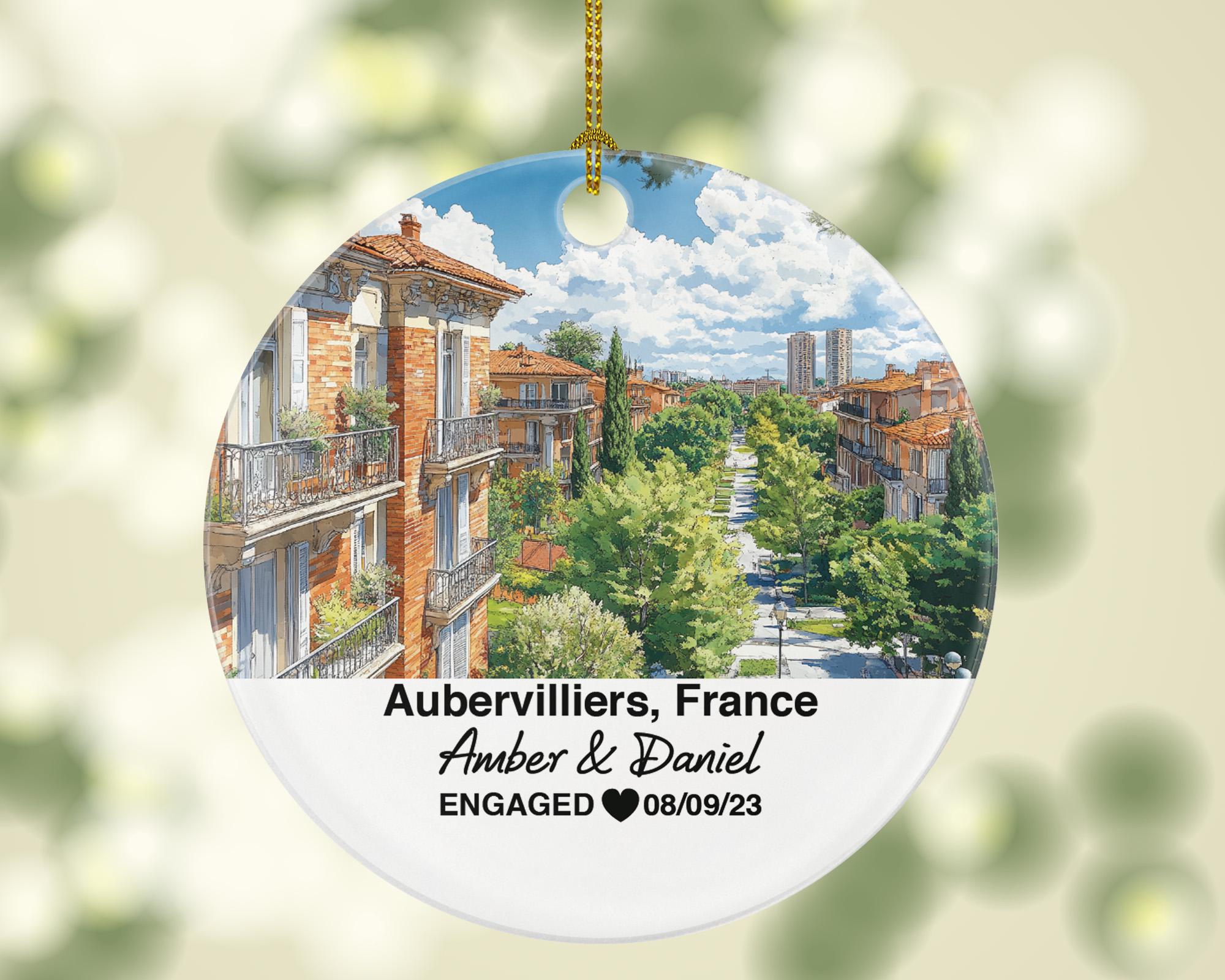 Personalized Aubervilliers France Christmas Ornament, Canal Saint-Denis, Mr & Mrs Wedding, Engagement, or Honeymoon Keepsake for Couples