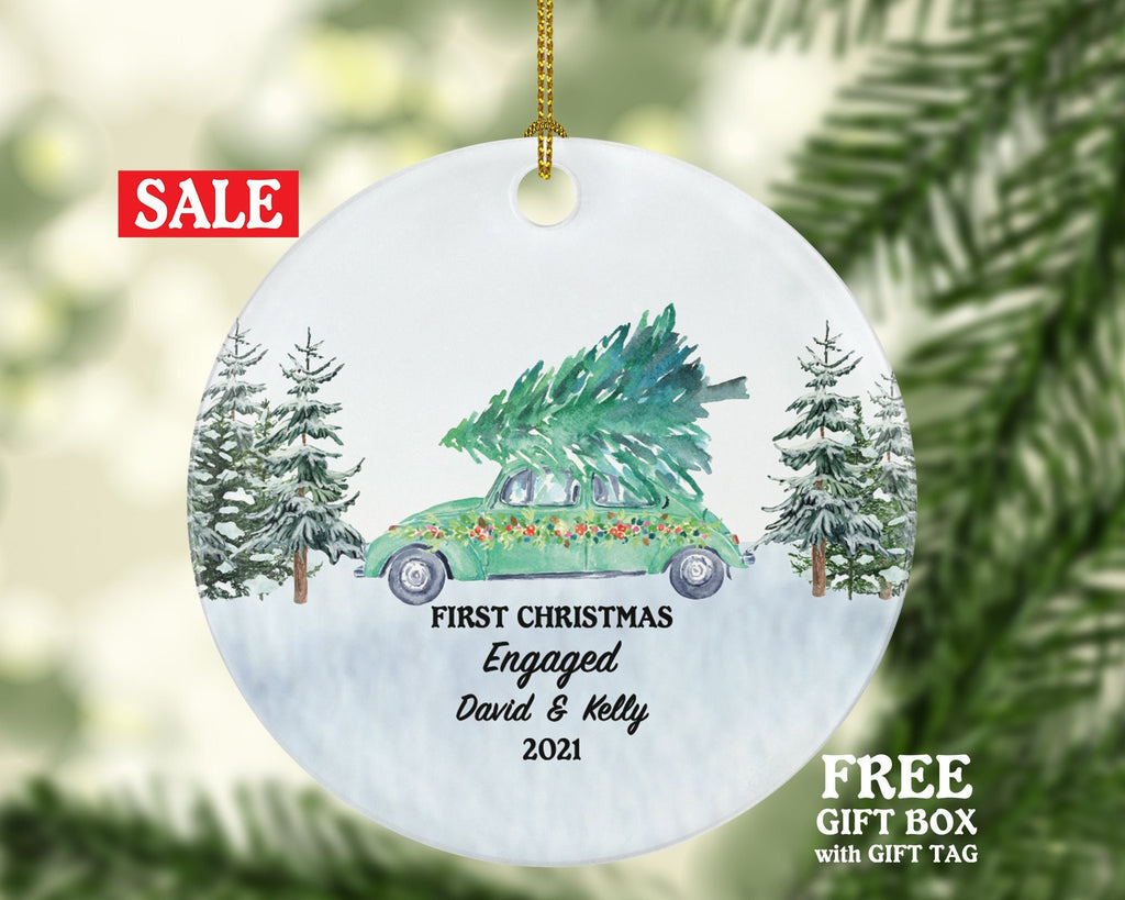 First Christmas Engaged Green Car Ornament - Couple Personalized Engagement Gift Custom Names & Year Just Newly Engaged Vintage