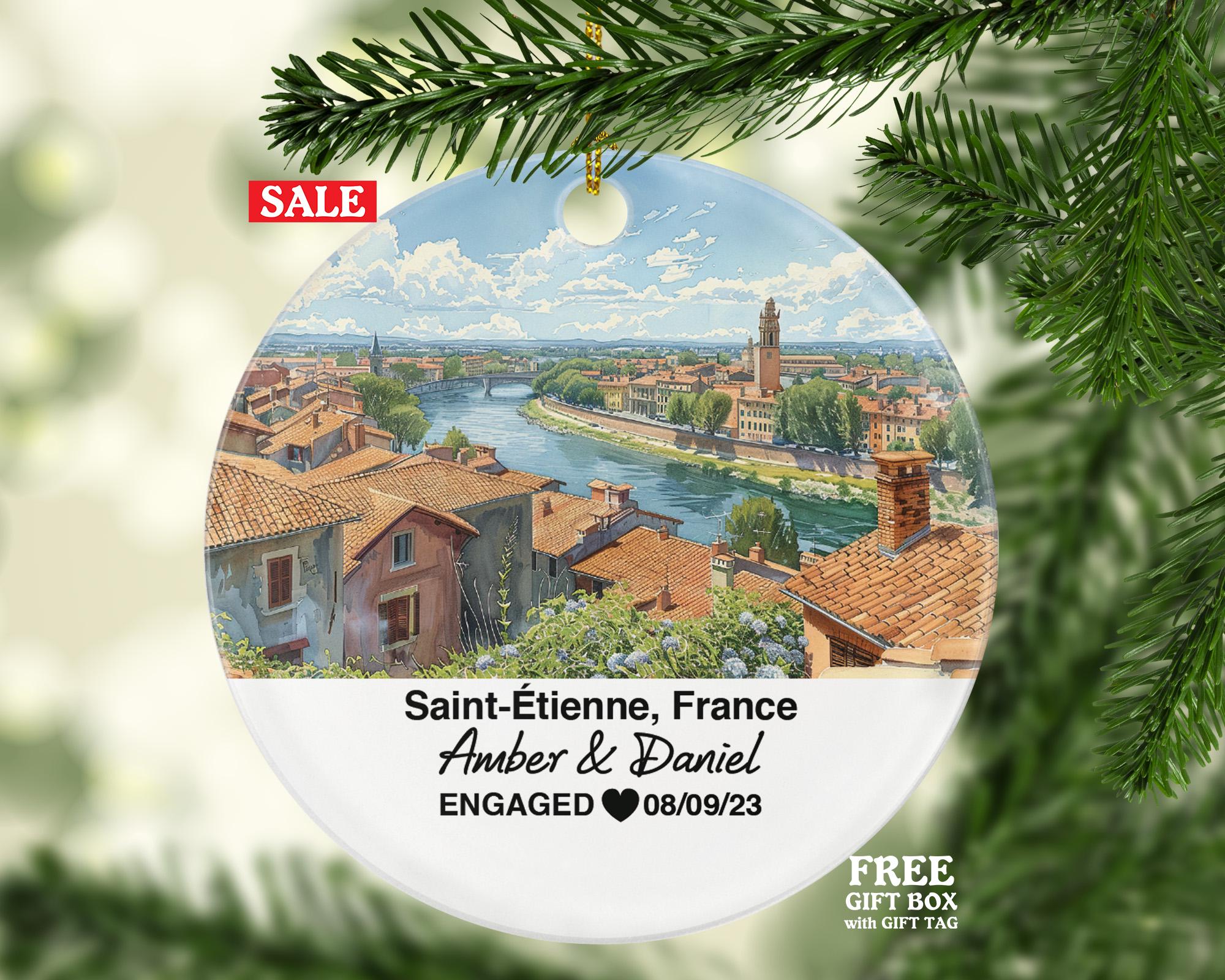 Personalized Saint-Etienne France Christmas Ornament, Historic Architecture, Vibrant Culture, Mr & Mrs Wedding, Engagement, or Honeymoon Keepsake for Couples