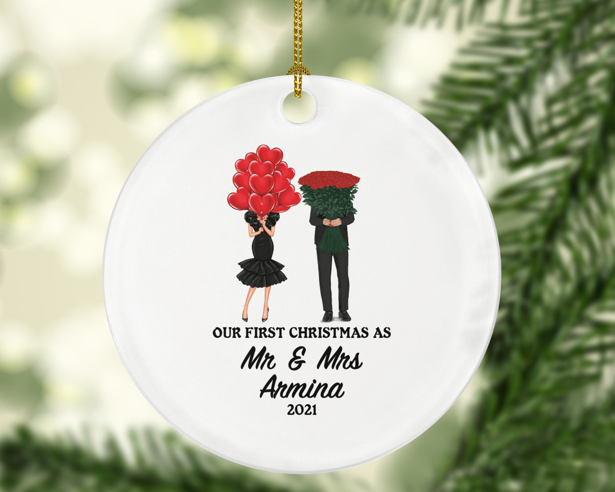 Our First Christmas as Mr & Mrs Married Couple Christmas Ornament Personalized - Newlywed Mr. and Mrs. Gift, Roses and Heart Balloons Couple