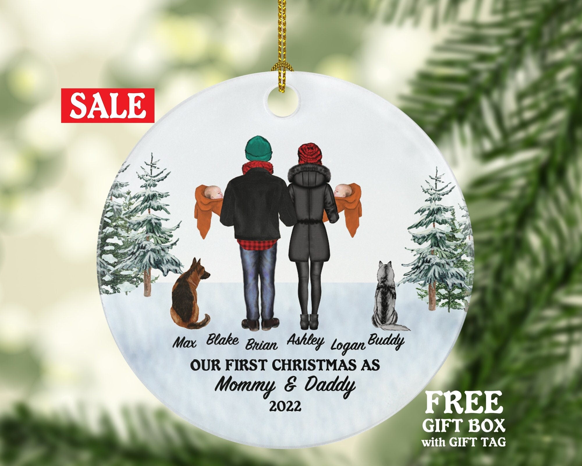 Mommy and Daddy of Twins with Pet First Christmas Infants Ornament - New Babies Parents As Mother Father Mom Dad Gift Kid Child Our Family