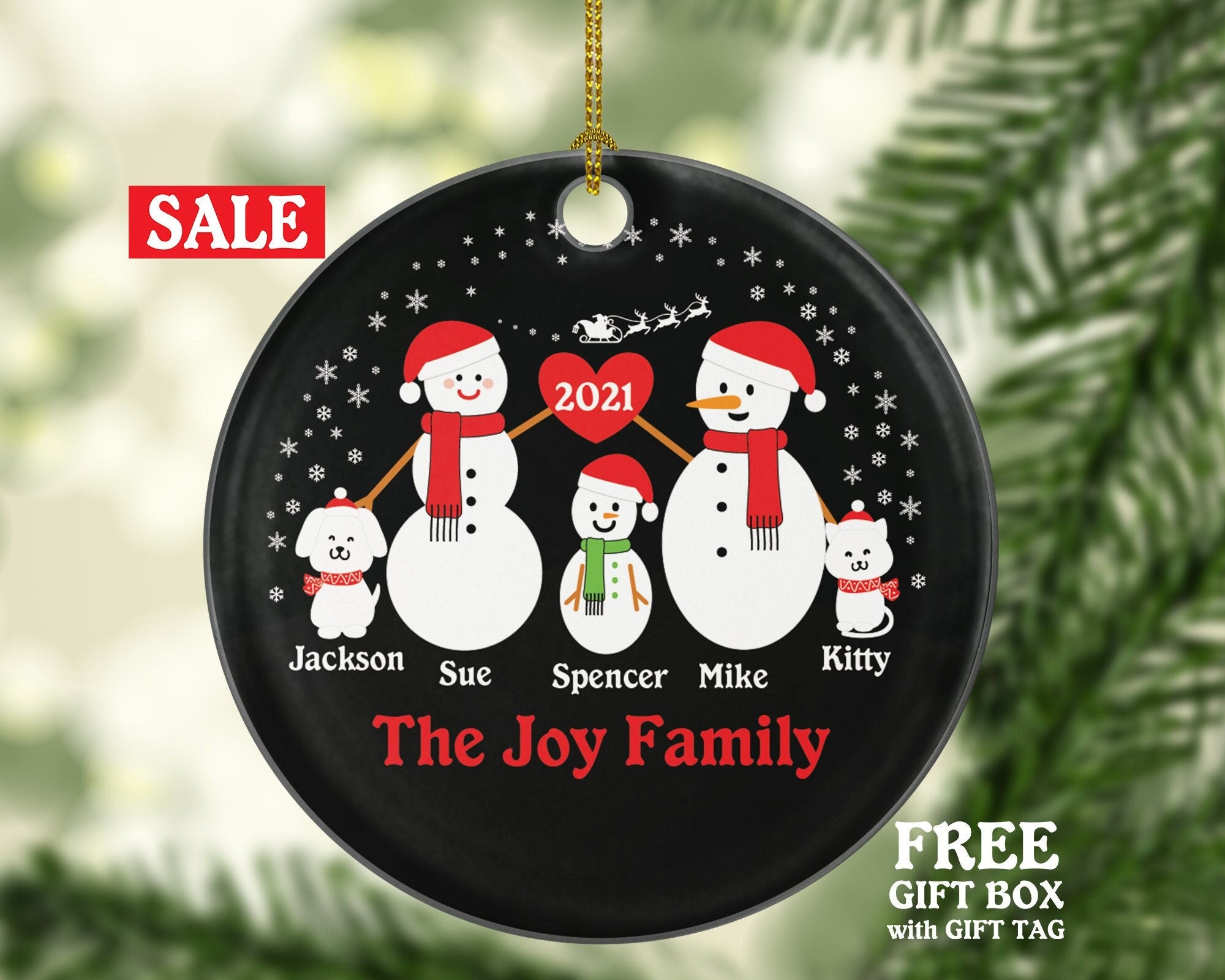 Personalized Family of 3 Ornaments with Dog and Cat Pet, Personalized Christmas Ornament, 3 snowmen, Snowman Family Ornament, Family of 3