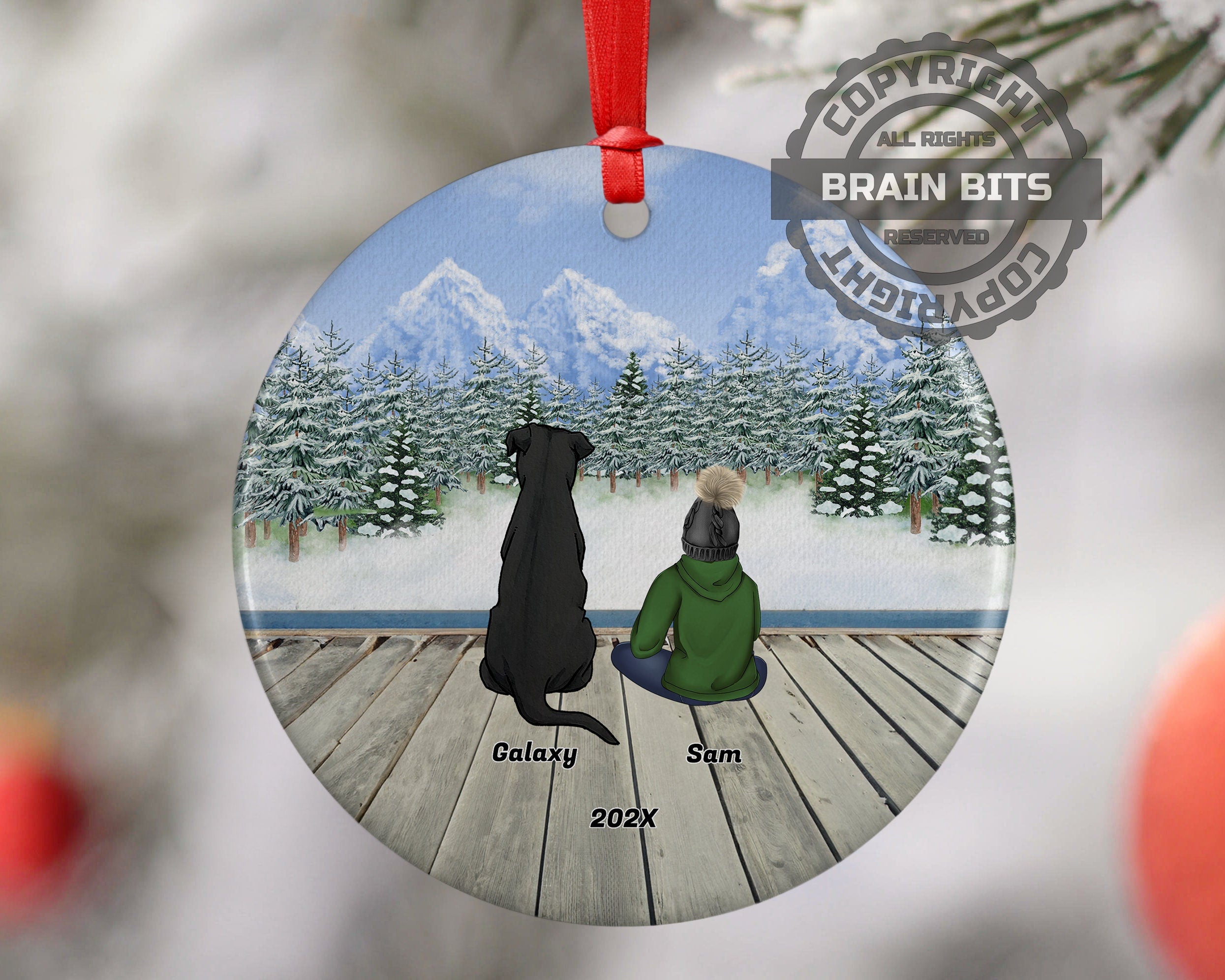 Personalized Boy Son Kid Child Grandchild Grandson Pet Christmas Ornament Custom Ceramic Keepsake Dog Cat Owners Holiday Gift Winter Scene