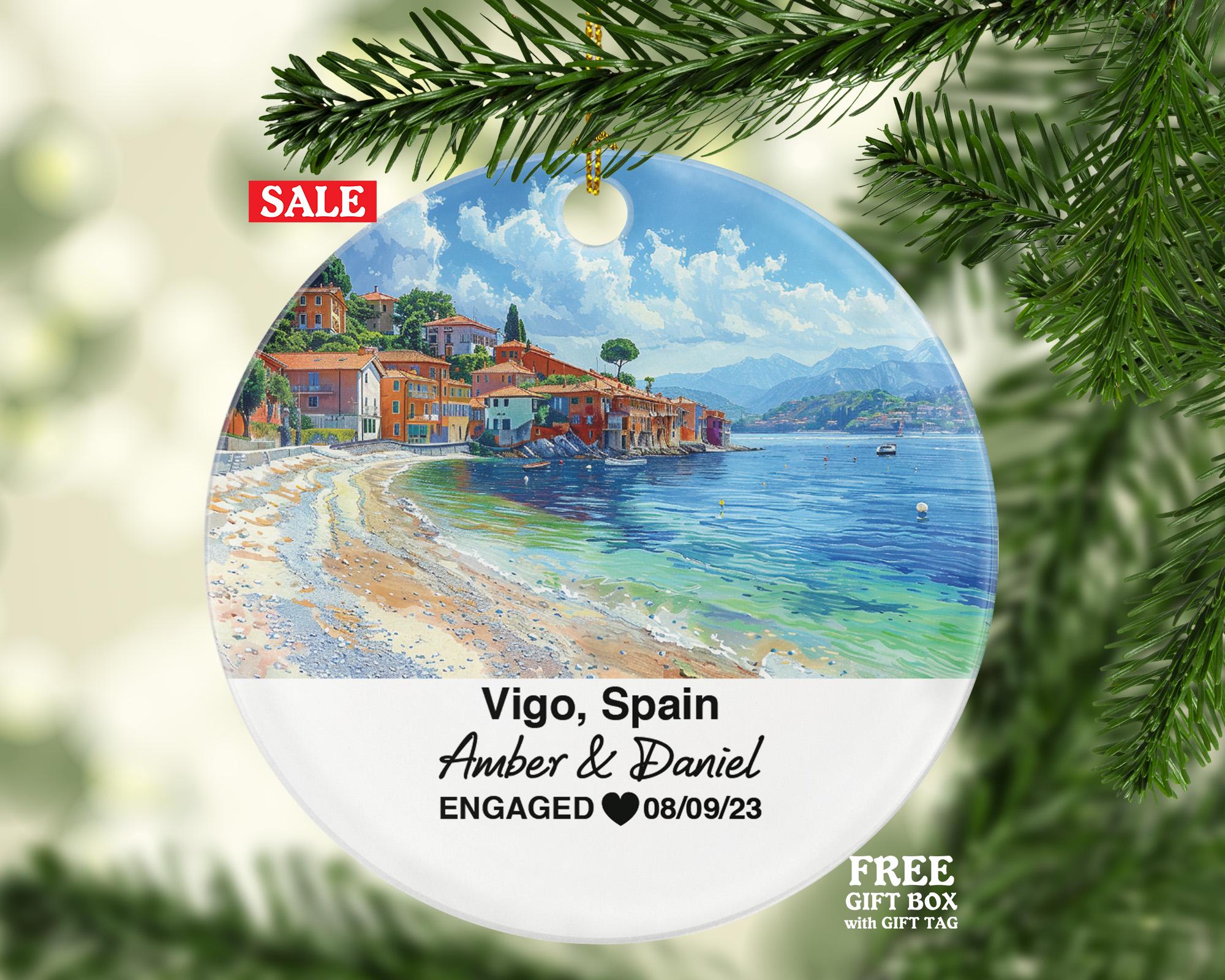 Vigo Spain Round Ceramic Christmas Ornament – Personalized Holiday Keepsake, Custom Couple Gift for Wedding or Honeymoon