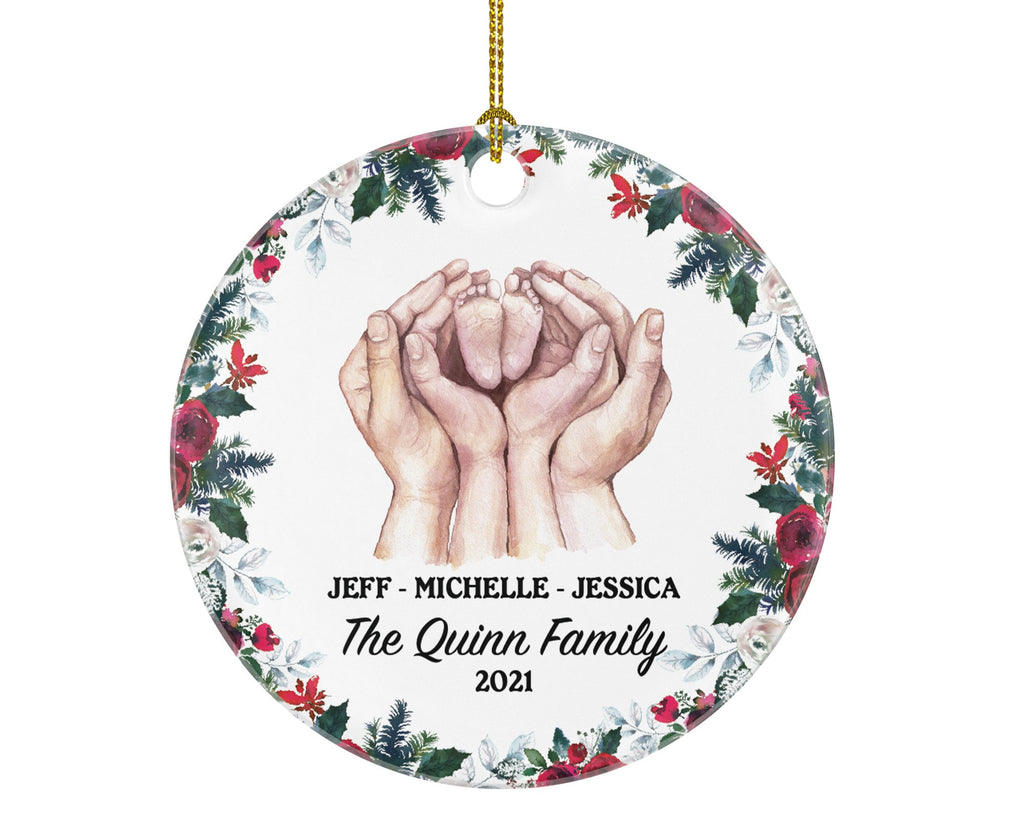 Personalized Family of 3 Christmas Ornament - Our First Ornament Custom Names for Three Gift for Family with Newborn Infant Foots in Hands