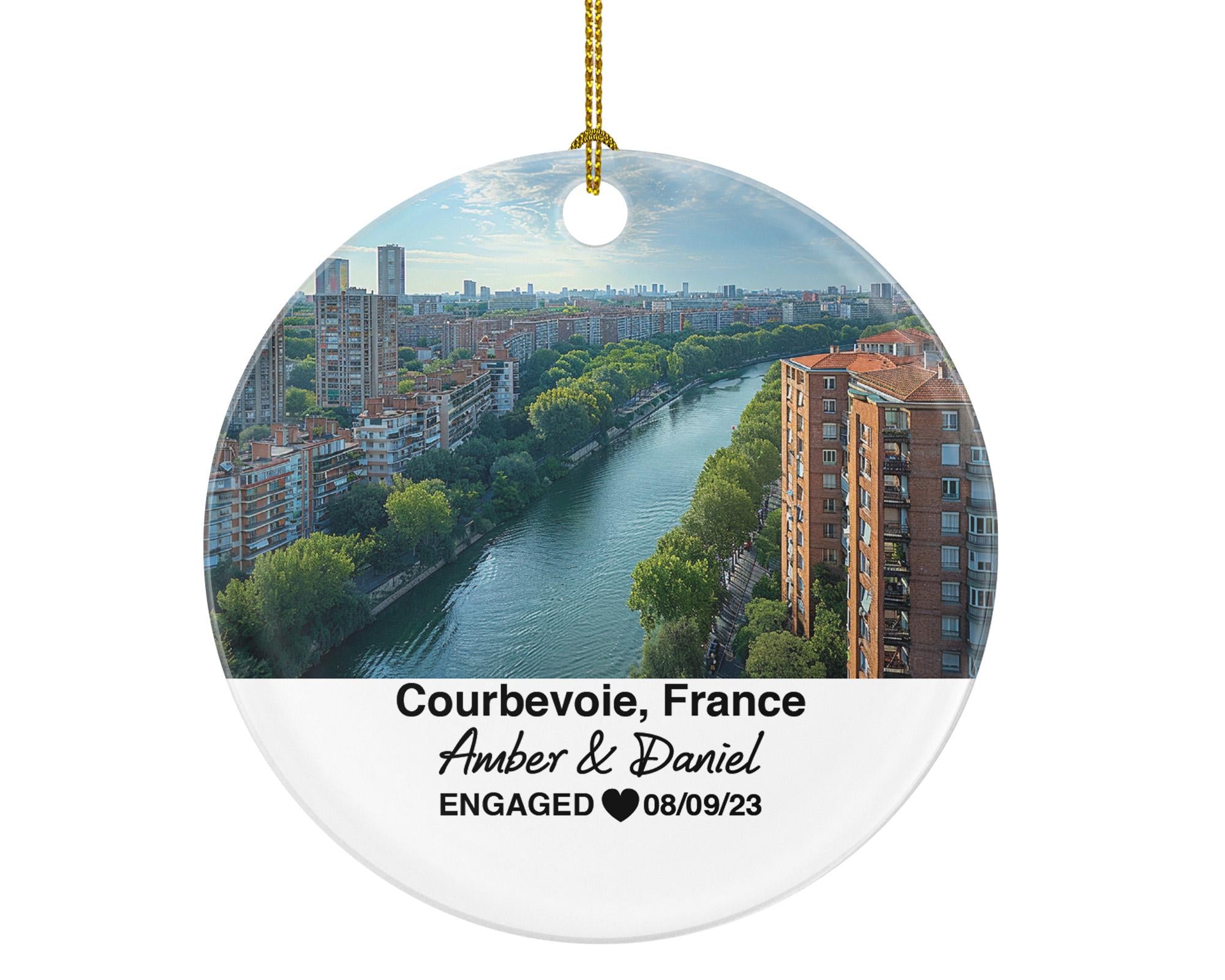 Personalized Courbevoie France Christmas Ornament, Seine River, Skyline, Mr & Mrs Wedding, Engagement, or Honeymoon Keepsake for Couples