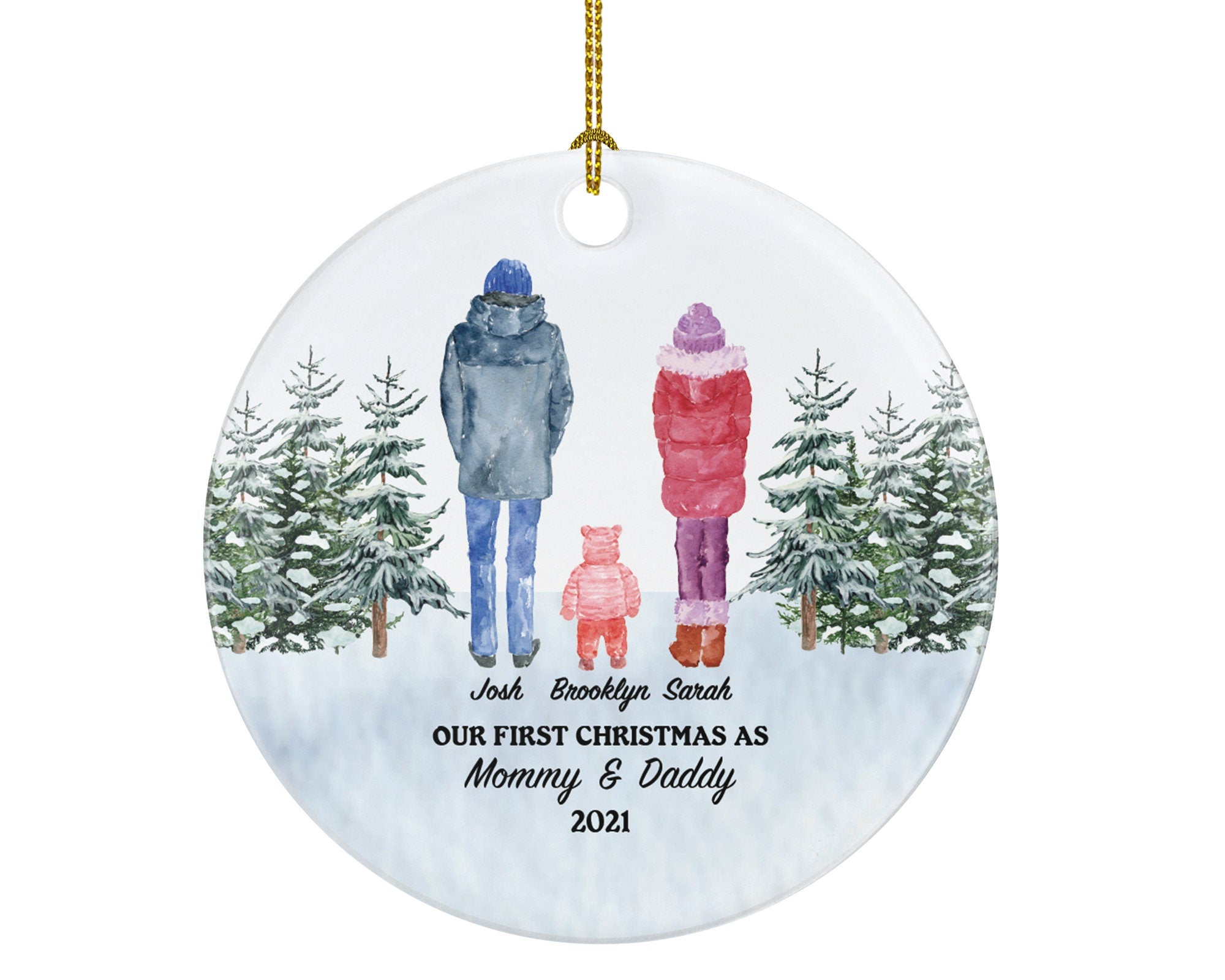 Our First Christmas as Mommy and Daddy Ornament New Baby Girl Boy Parents Mother Father Mom Dad Gift Watercolor Winter Portrait Kid Child