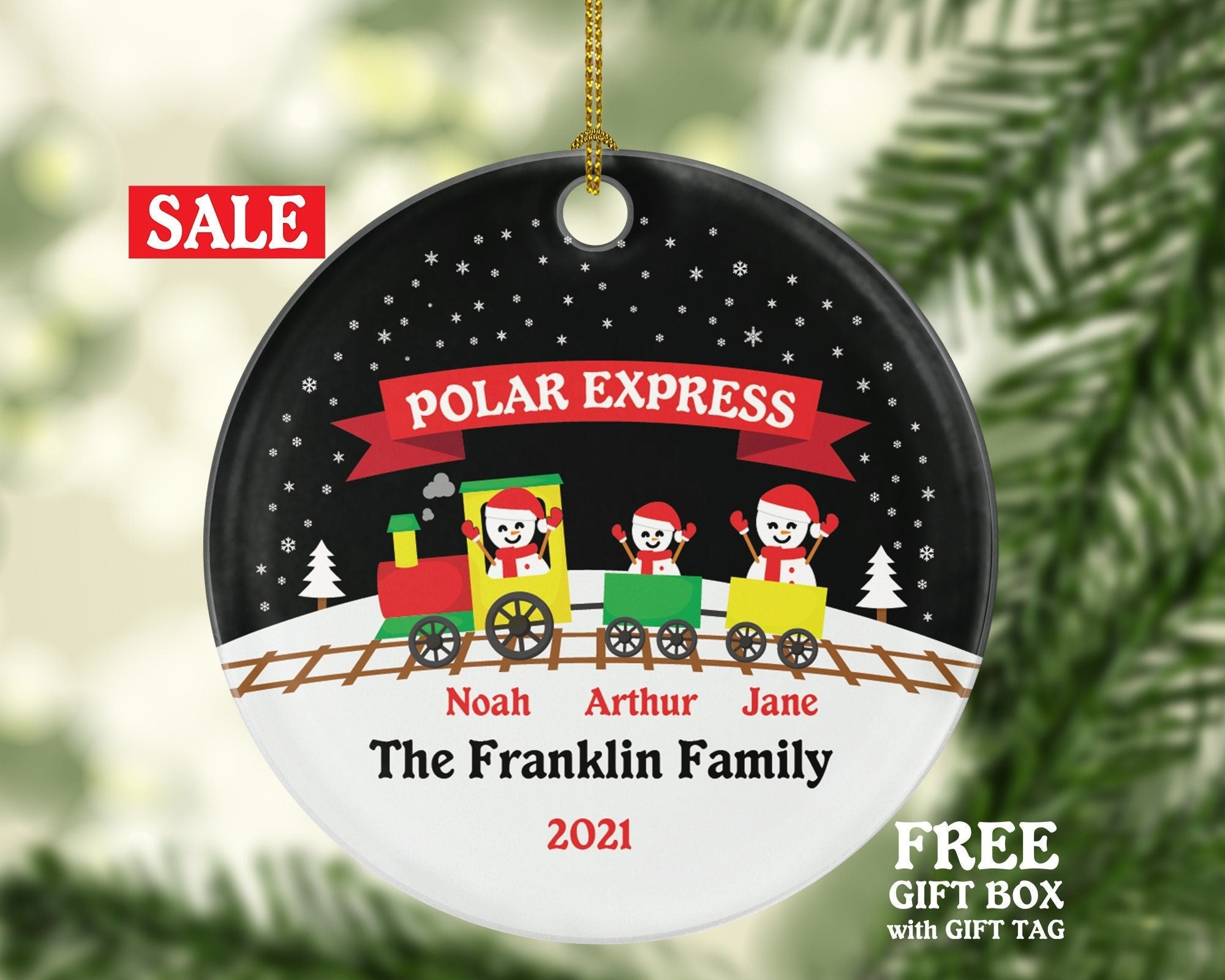 Family of 3 Three in Train Christmas Ornament - Personalized Snowmen Family Names - Polar Express