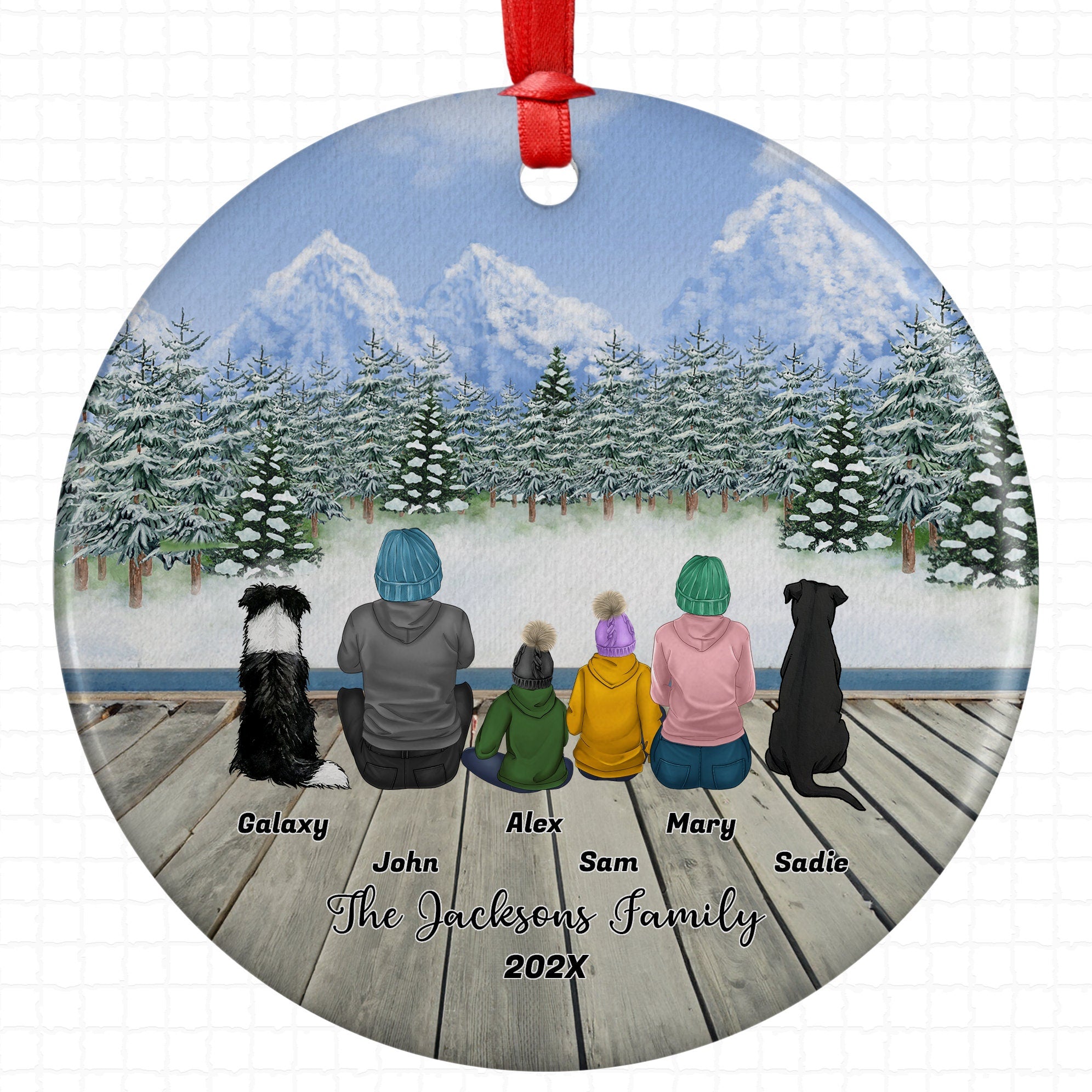 Personalized Family Christmas Ornament with Pet Custom Ceramic Keepsake for Couples Dog Cat Owners Holiday Gift Winter Scene