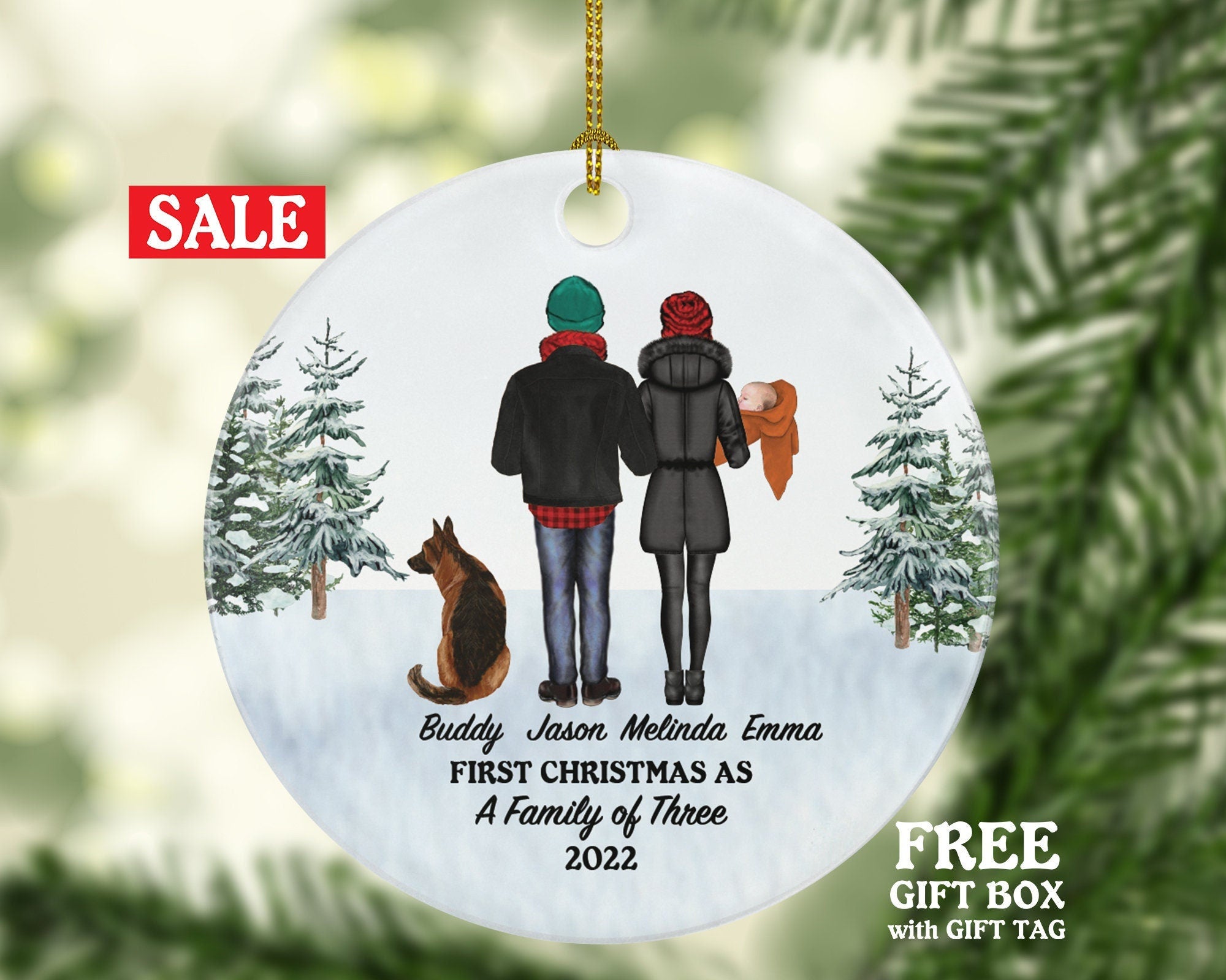 Family of 3 with Baby Infant and Dog Cat Pet Personalized Christmas Ornament Custom Fur New Mom Dad Newborn Gift Lover Owner Holiday Rescue