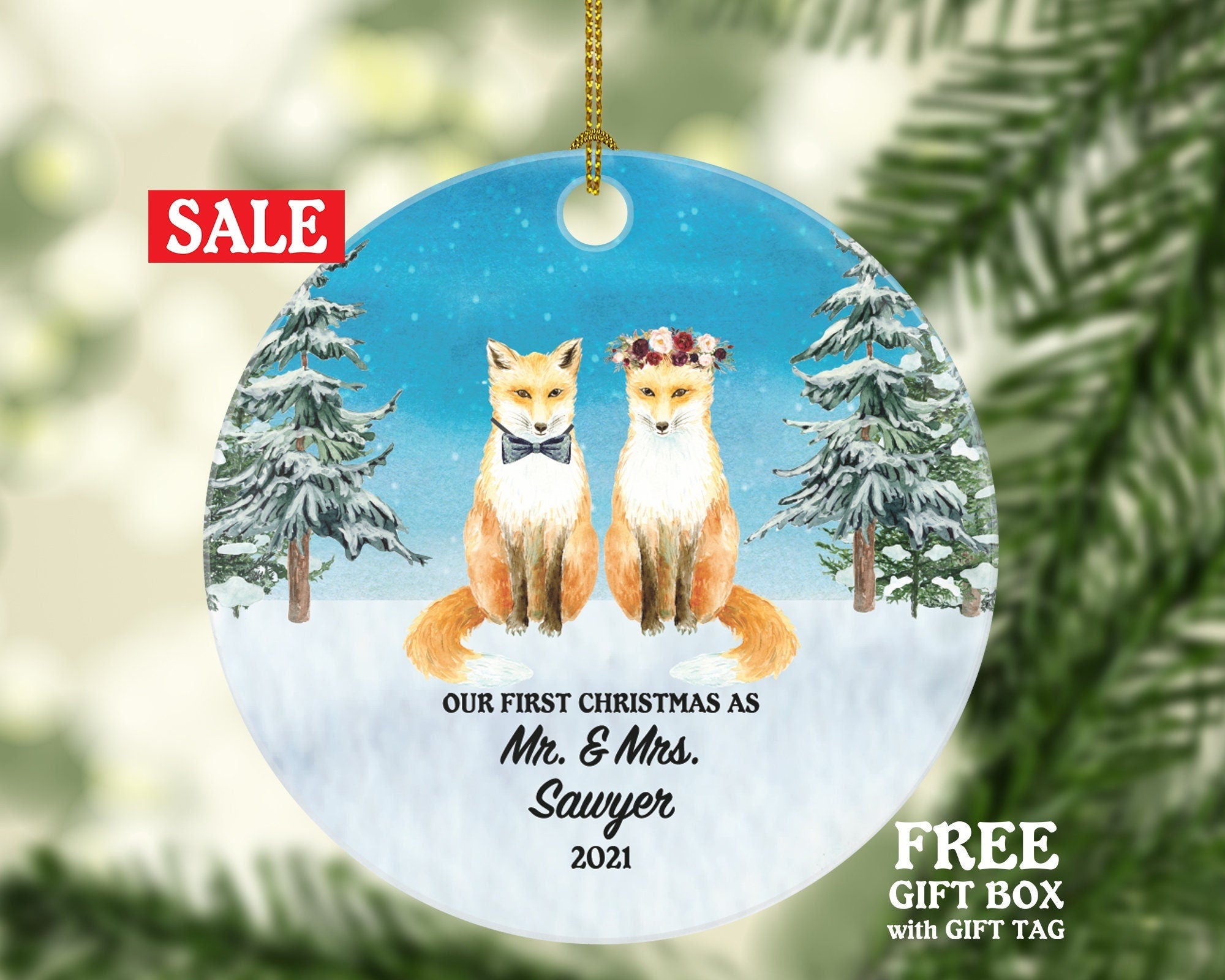 First Christmas as Mr & Mrs Ornament - Just Married Newlywed Wedding Personalized Gift Bride Groom Fox Couple Mr. and Mrs. Present