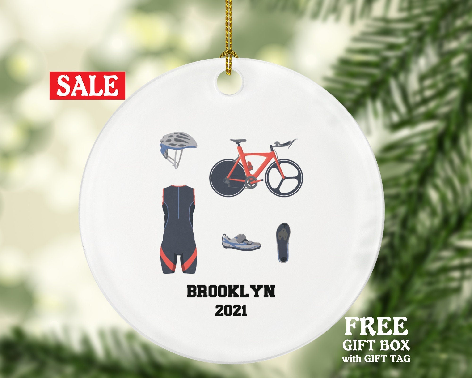 Triathlon Christmas Ornament Personalized - Gift for Triathlete, Run Cycle Bike Swim, Triathlon Equipment