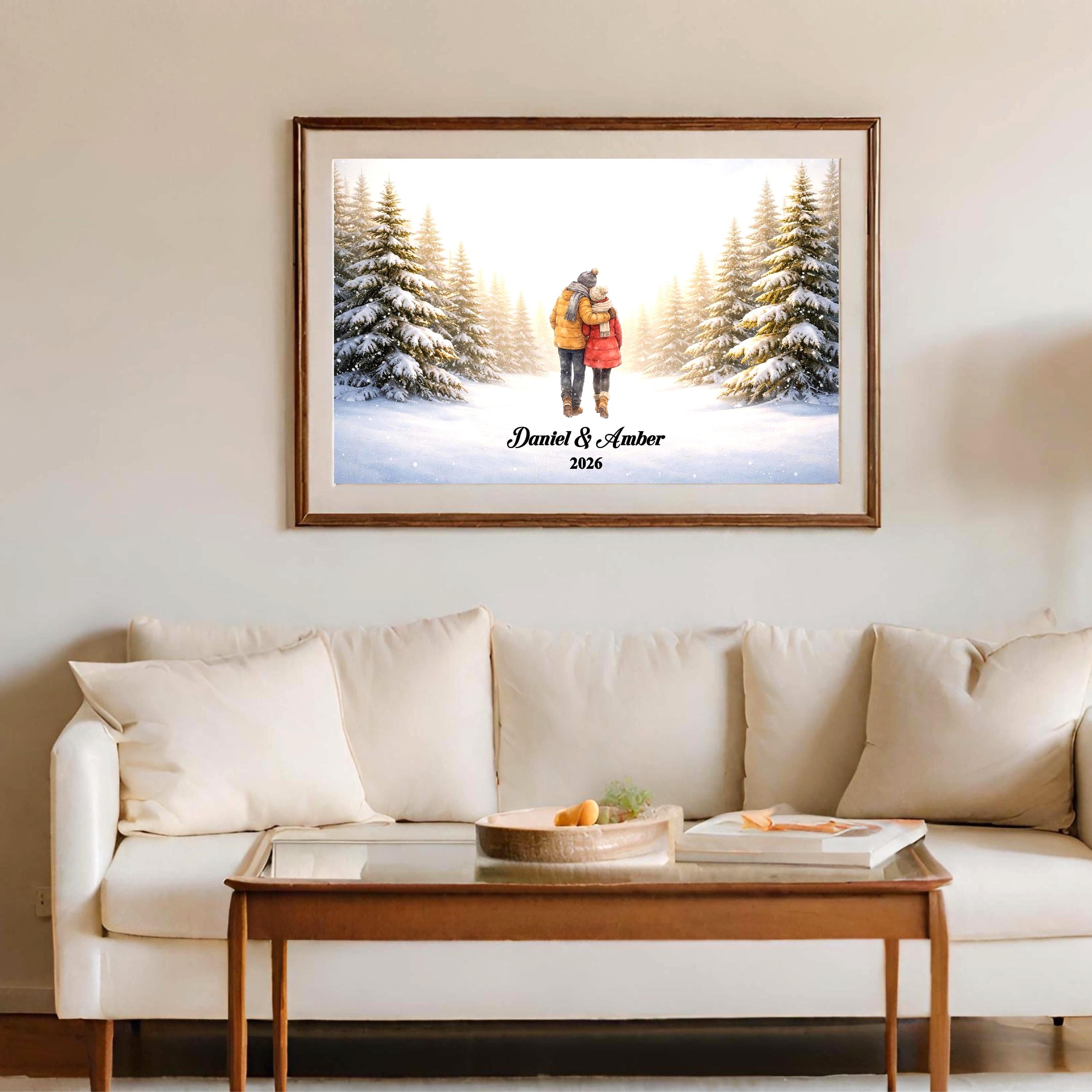 Custom Couple in Snow Wall Art | Winter Scene Print for Engaged, Married, Mr & Mrs, Anniversary | Aluminum Metal Print