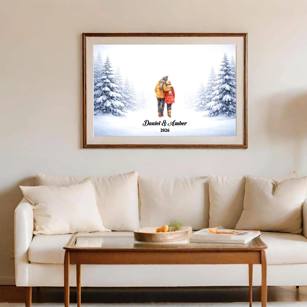Personalized Couple in Snowy Scene Wall Art | Winter Landscape Print for Engaged, Married, Mr & Mrs, Anniversary | Aluminum Metal Print