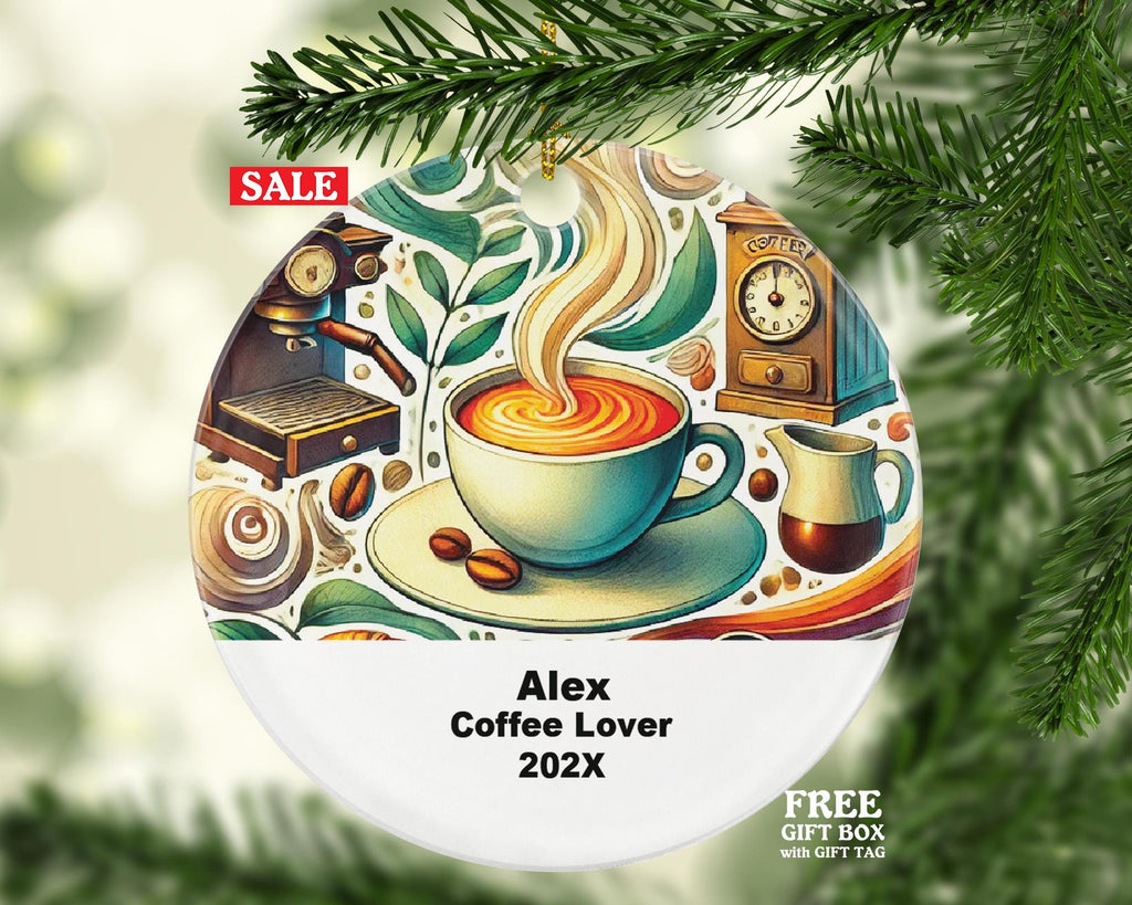 Personalized Coffee Lover Ornament – Custom Barista Gift – Coffee Shop Ornament with Name and Year