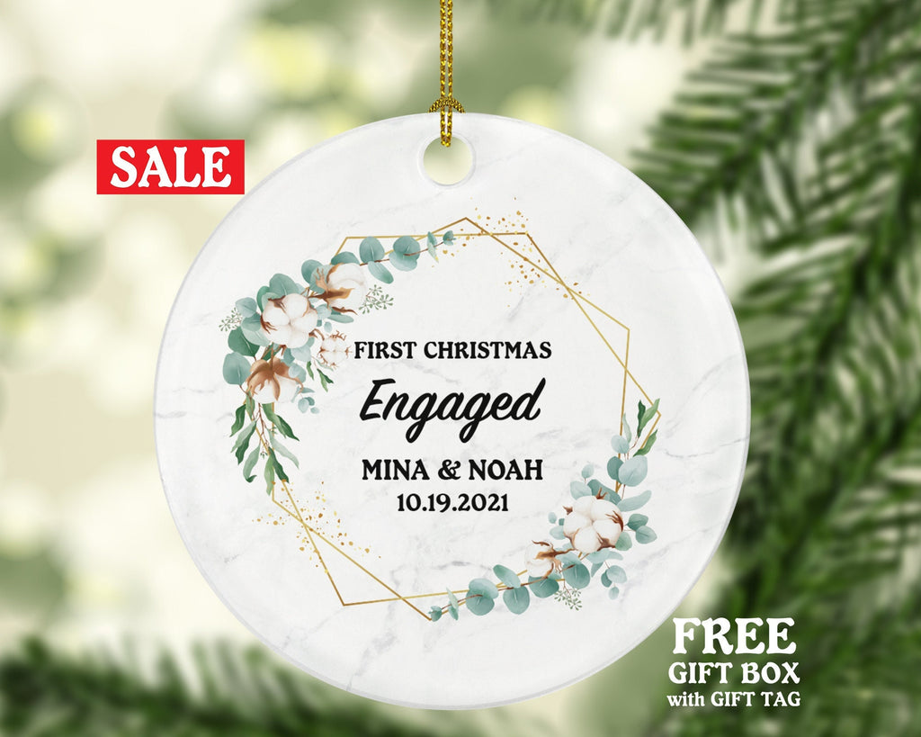 First Christmas Engaged Personalized Ornament - Engagement Announcement Couple Gift - Greenery