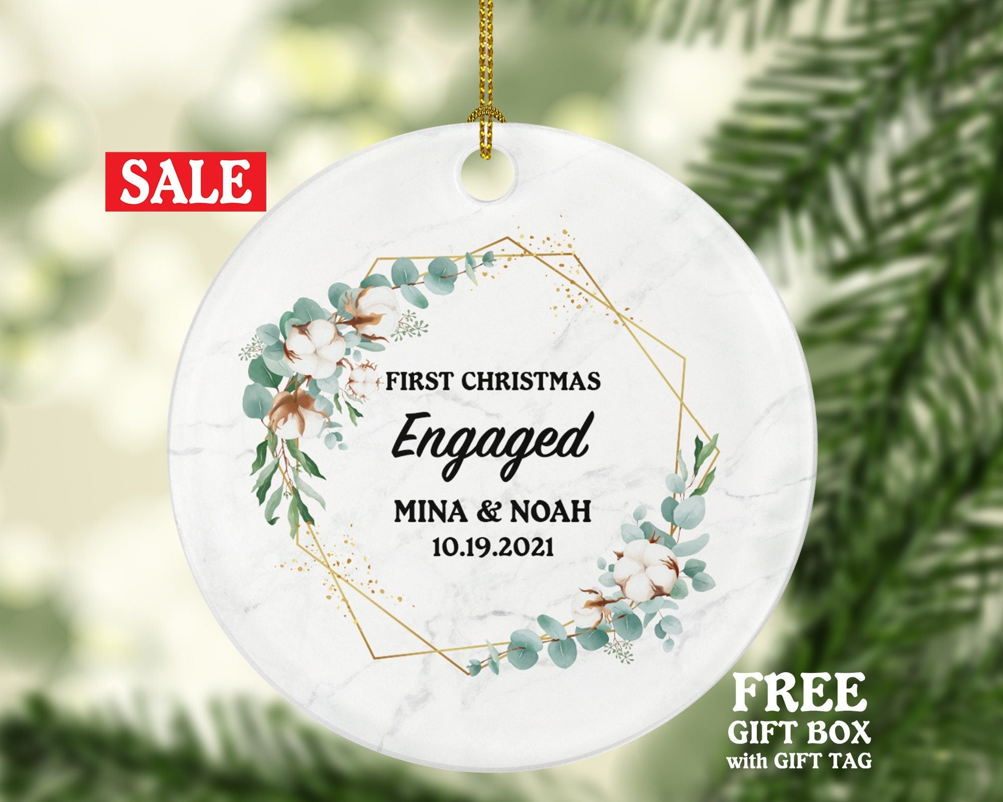 First Christmas Engaged Personalized Ornament - Engagement Announcement Couple Gift - Greenery