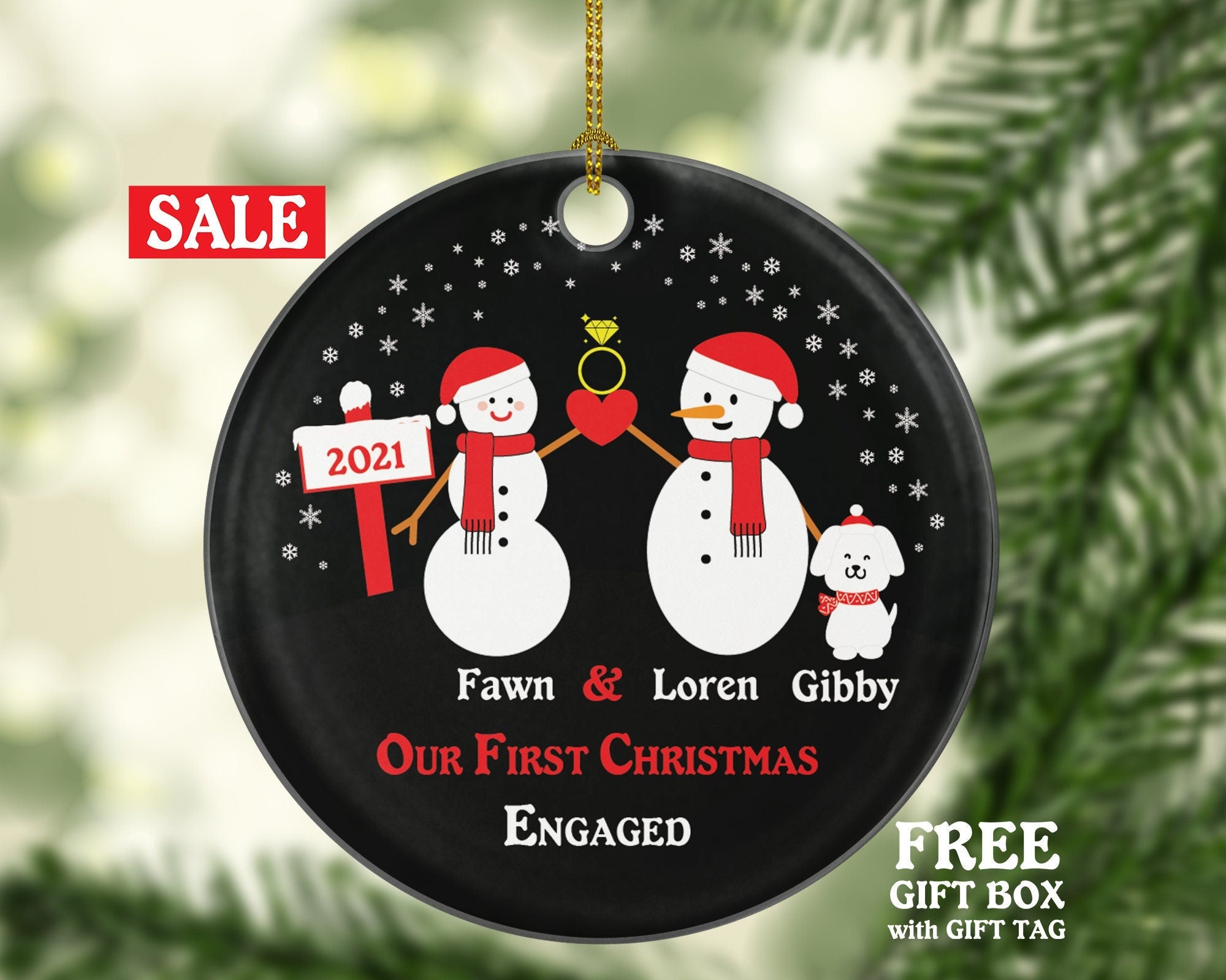 Personalized Engaged Ornament with Dog Pet Fur Family Dad Mom Owner Lover Engagement Ring Snowmen She Said Yes Couple Our First Christmas