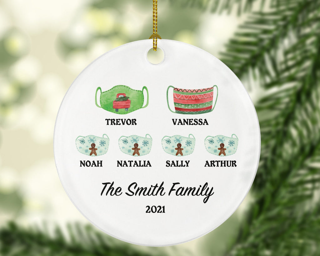 Personalized Christmas Family Mask Ornament - Survivor Family with Face Mask (family of 1 2 3 4 5 6) Covid19 Pandemic Coronavirus