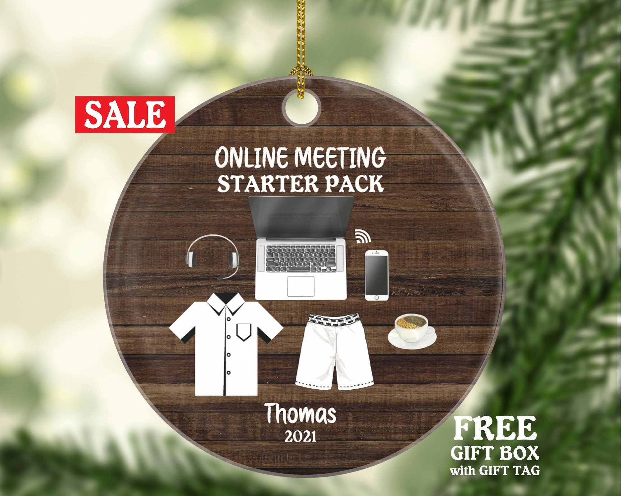 Online Meeting Starter Pack Christmas Ornament - Working From Home Personalized Laptop Computer Work Distance Studying Custom Name