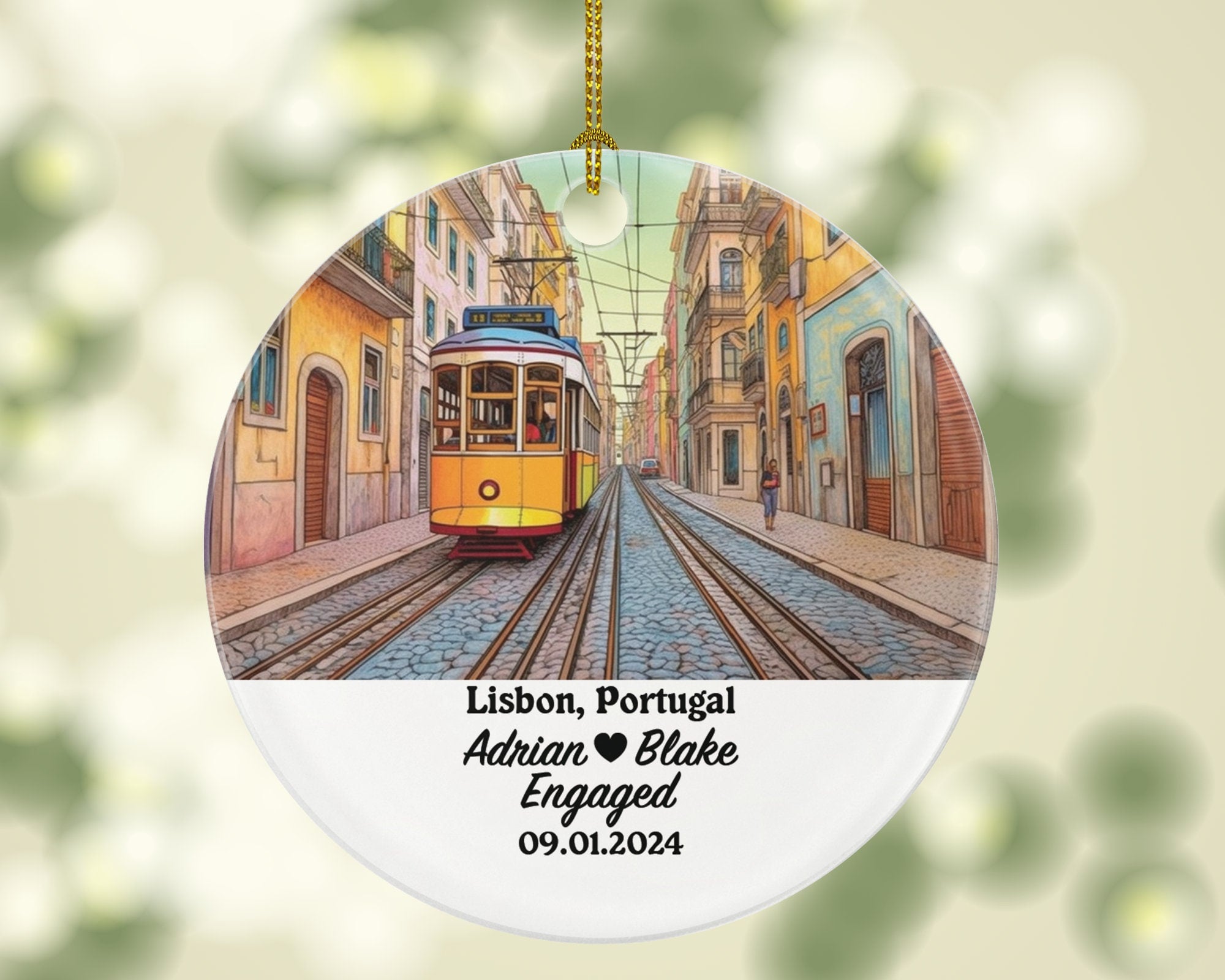 Lisbon Christmas Ornament Personalized - Portugal Engaged Married Family Together Couple Travel Honeymoon Engagement Marriage
