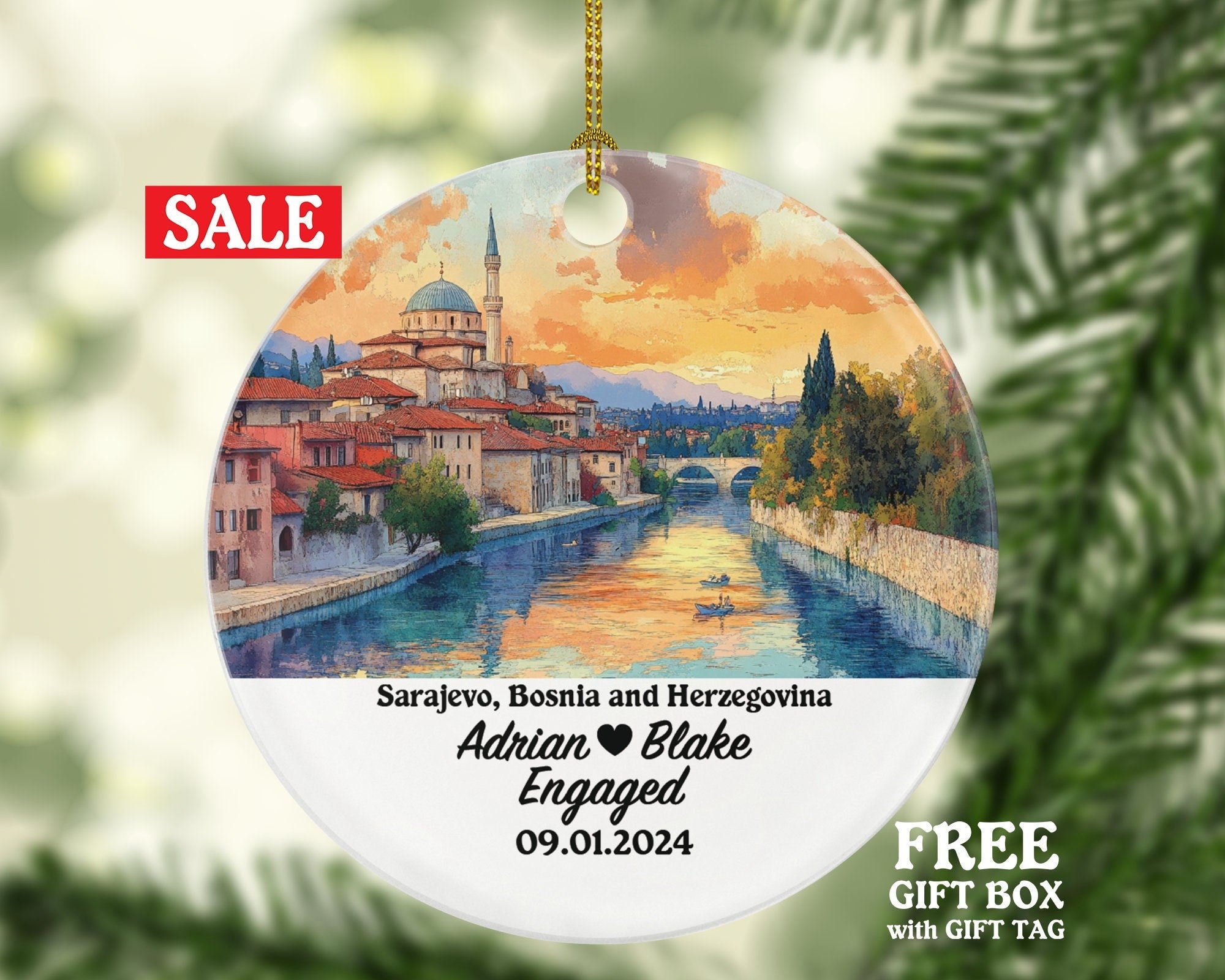 Sarajevo Christmas Ornament Personalized - Bosnia Engaged Married Family Together Couple Travel Honeymoon Engagement Marriage