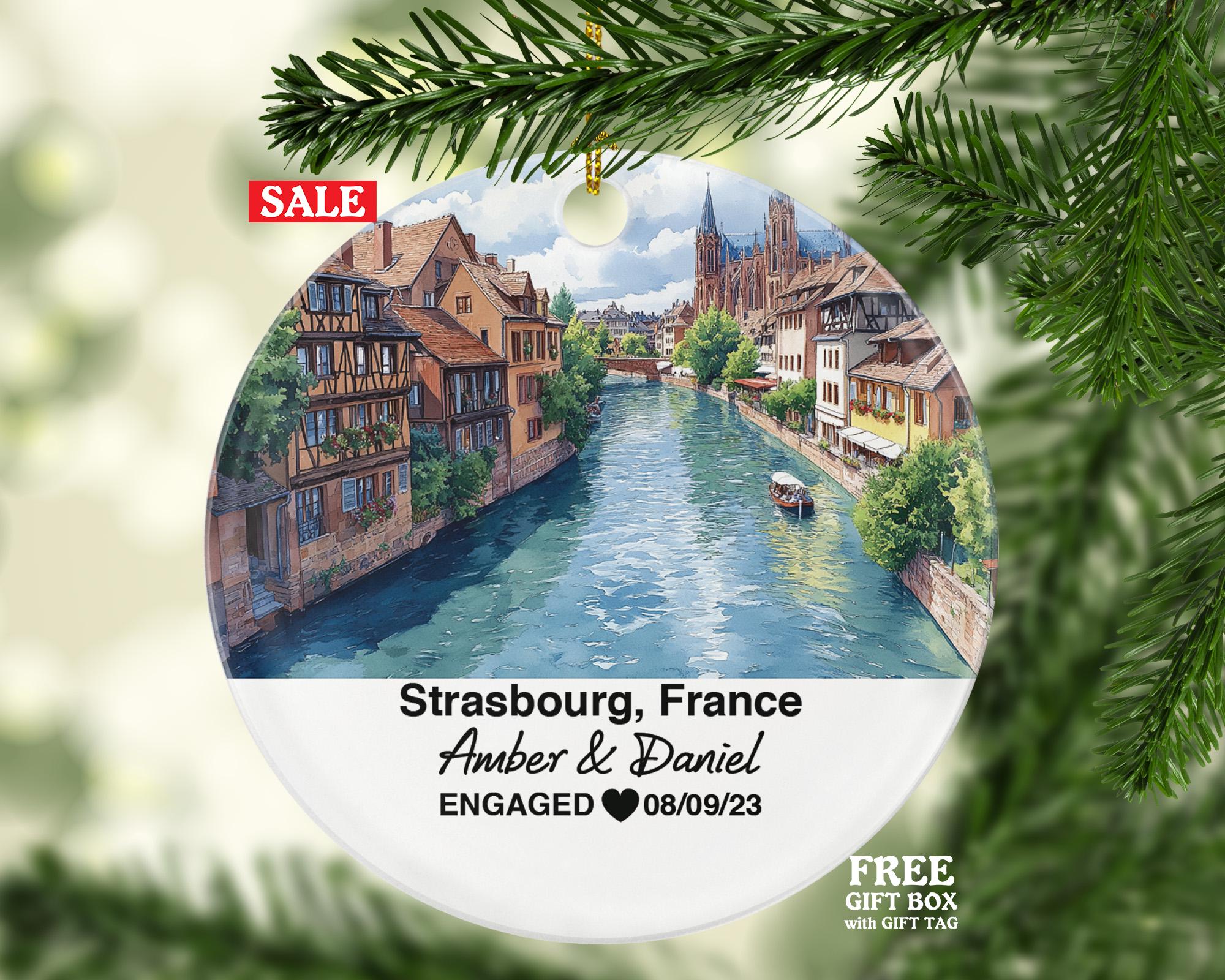Personalized Strasbourg France Round Ceramic Christmas Ornament – Personalized Holiday Keepsake, Custom Couple Gift for Wedding or Honeymoon