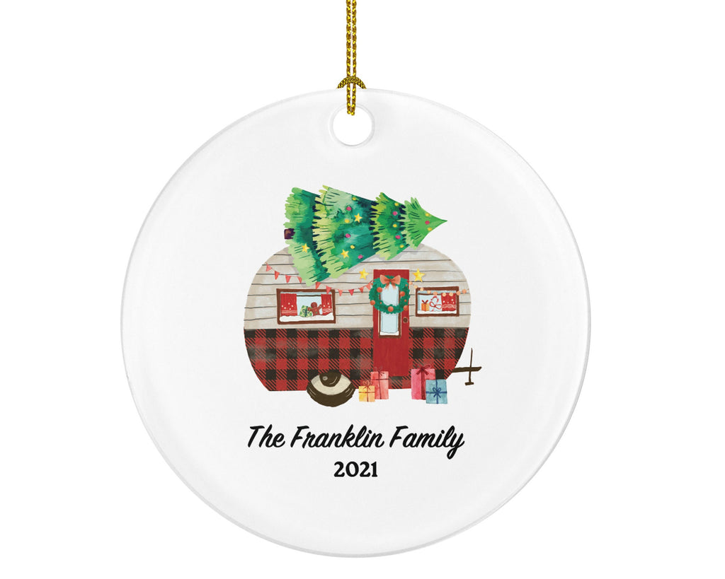 Camping Pull Trailer RV Camper Family Christmas Ornament - Personalized Vacation Red Lumberjack Recreational Gift
