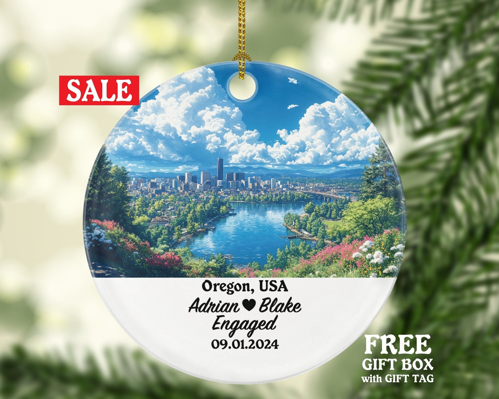 Oregon Christmas Ornament Personalized - OR Engaged Married Family Together Couple Travel Honeymoon Engagement Marriage